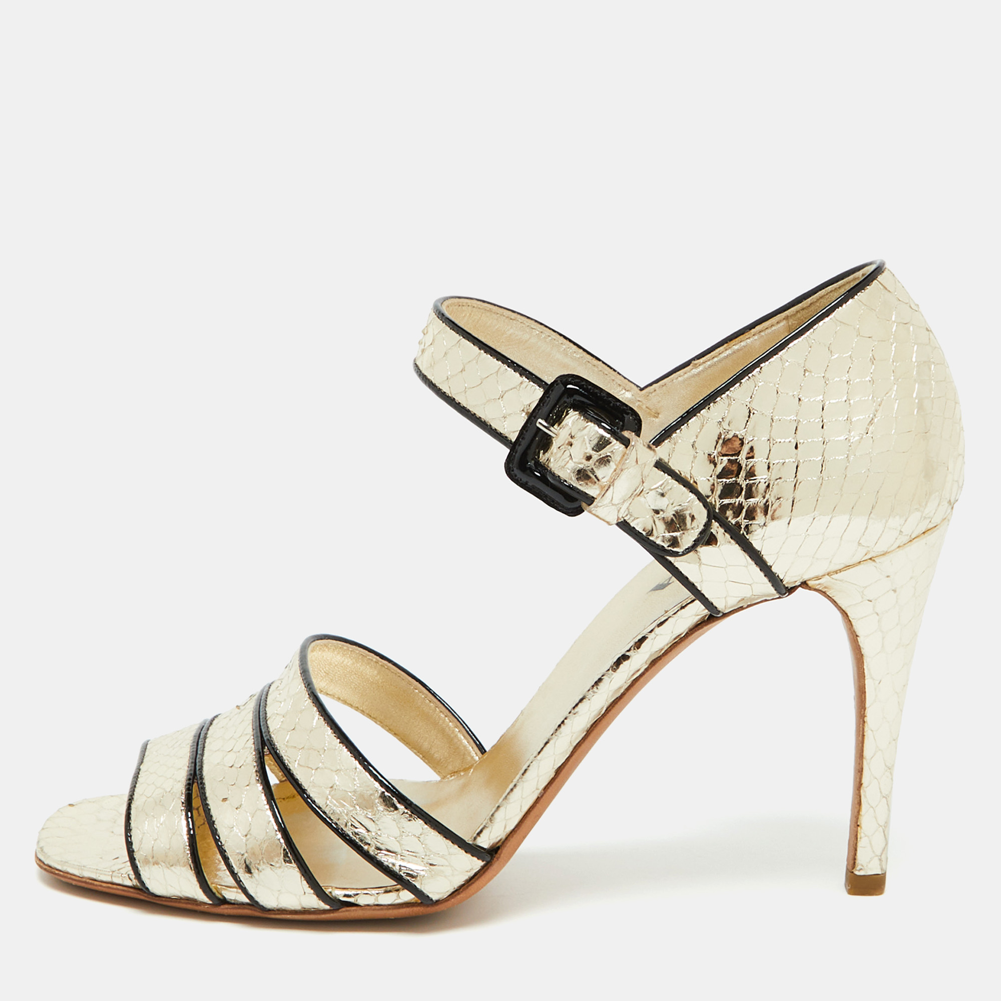 

Prada Metallic Gold Snakeskin Ankle Strap Sandals Size