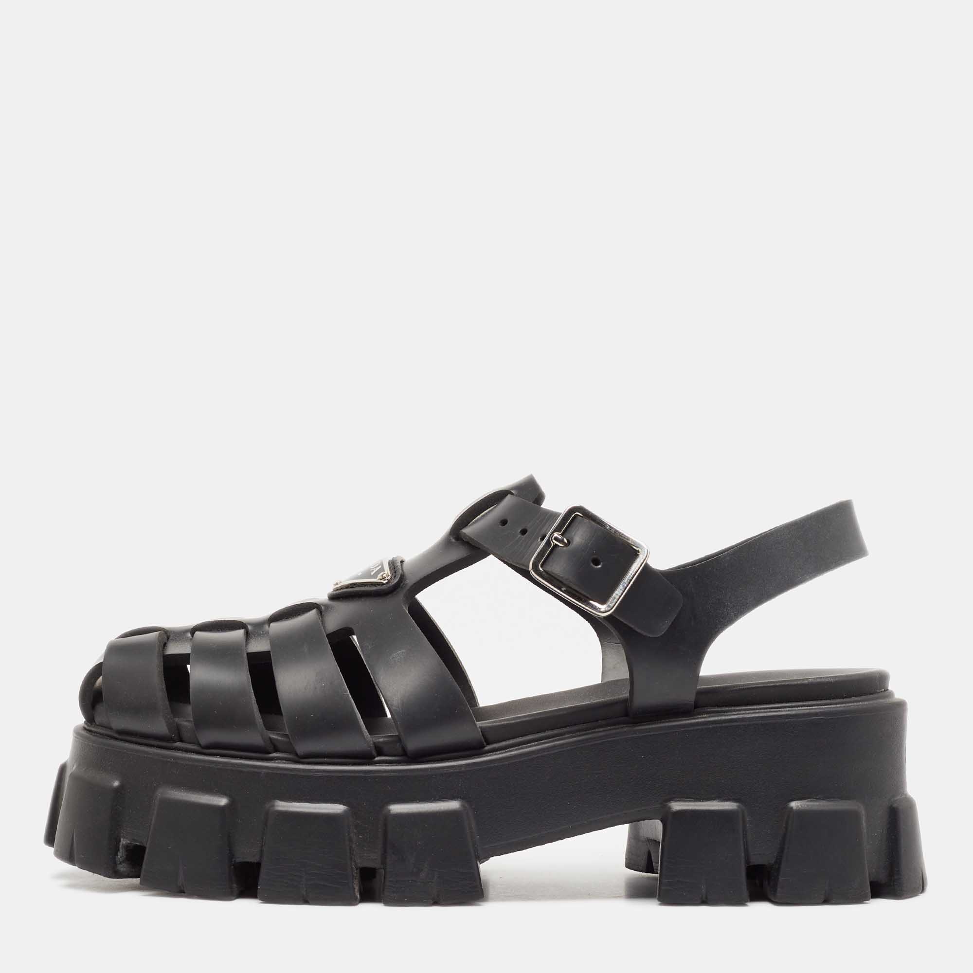 

Prada Black Rubber Monolith Ankle Strap Sandals Size