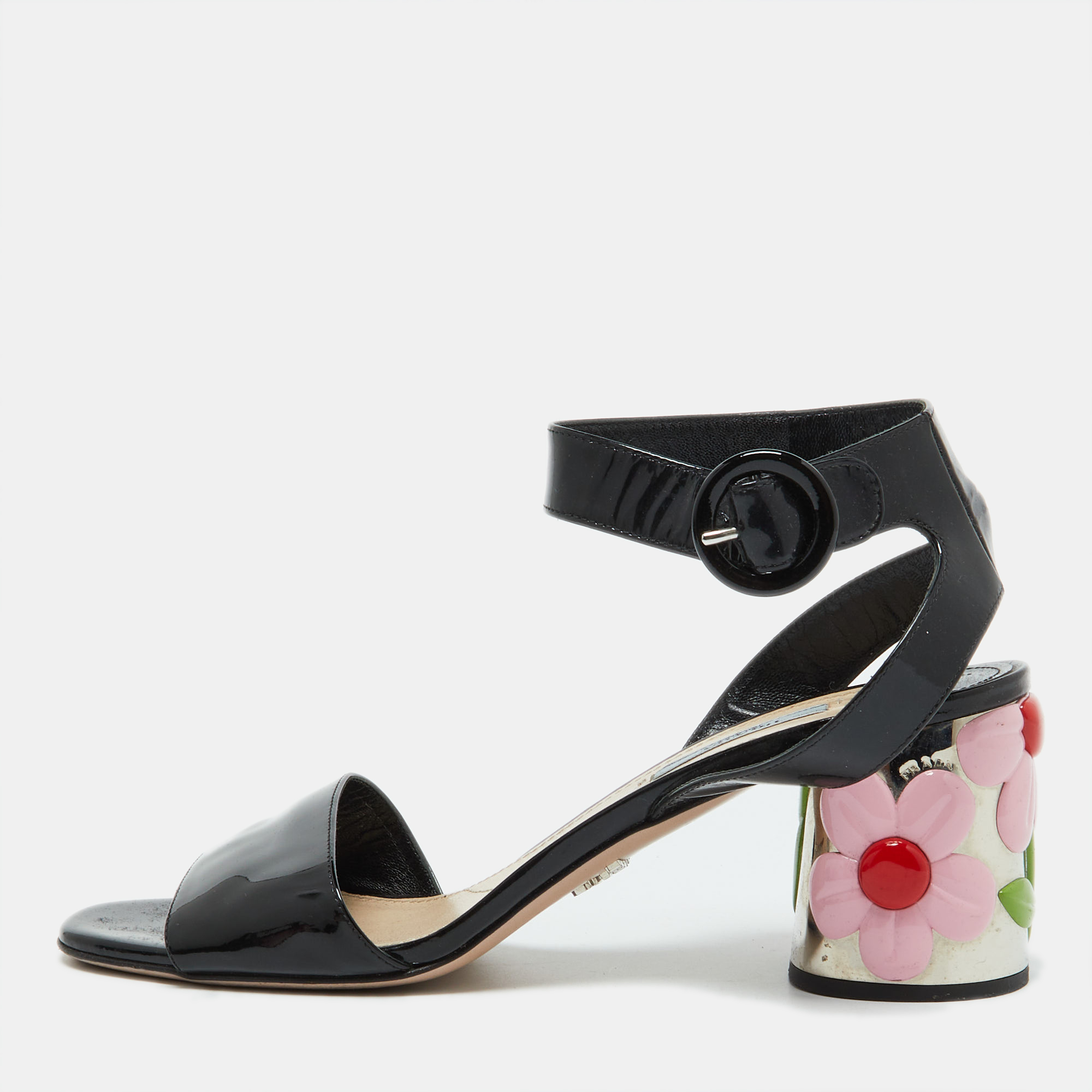 

Prada Black Patent Leather Ankle Strap Floral Block Heel Sandals Size