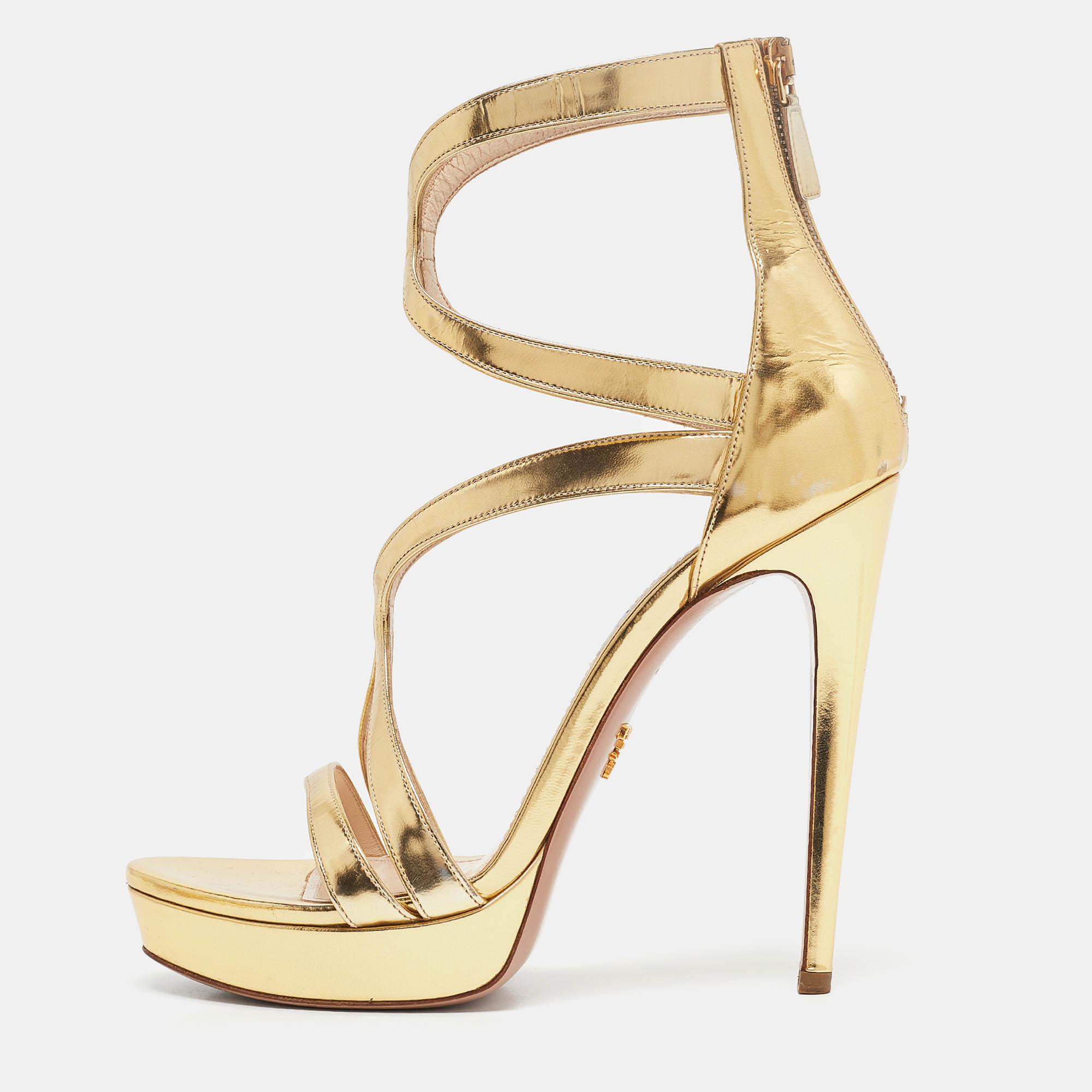 

Prada Gold Leather Platform Ankle Strap Sandals Size