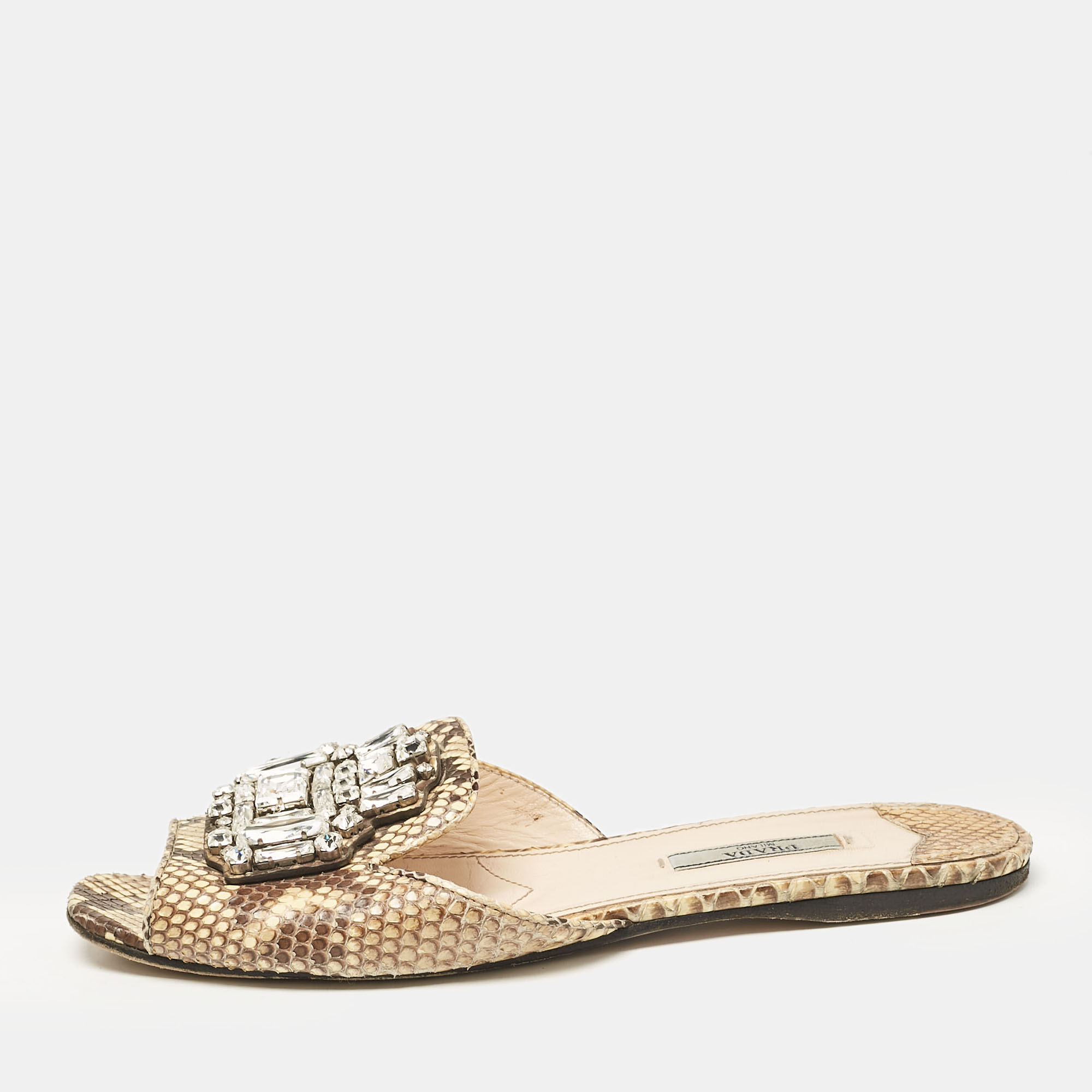 

Prada Beige/Brown Python Leather Crystal Embellished Flat Sandals Size