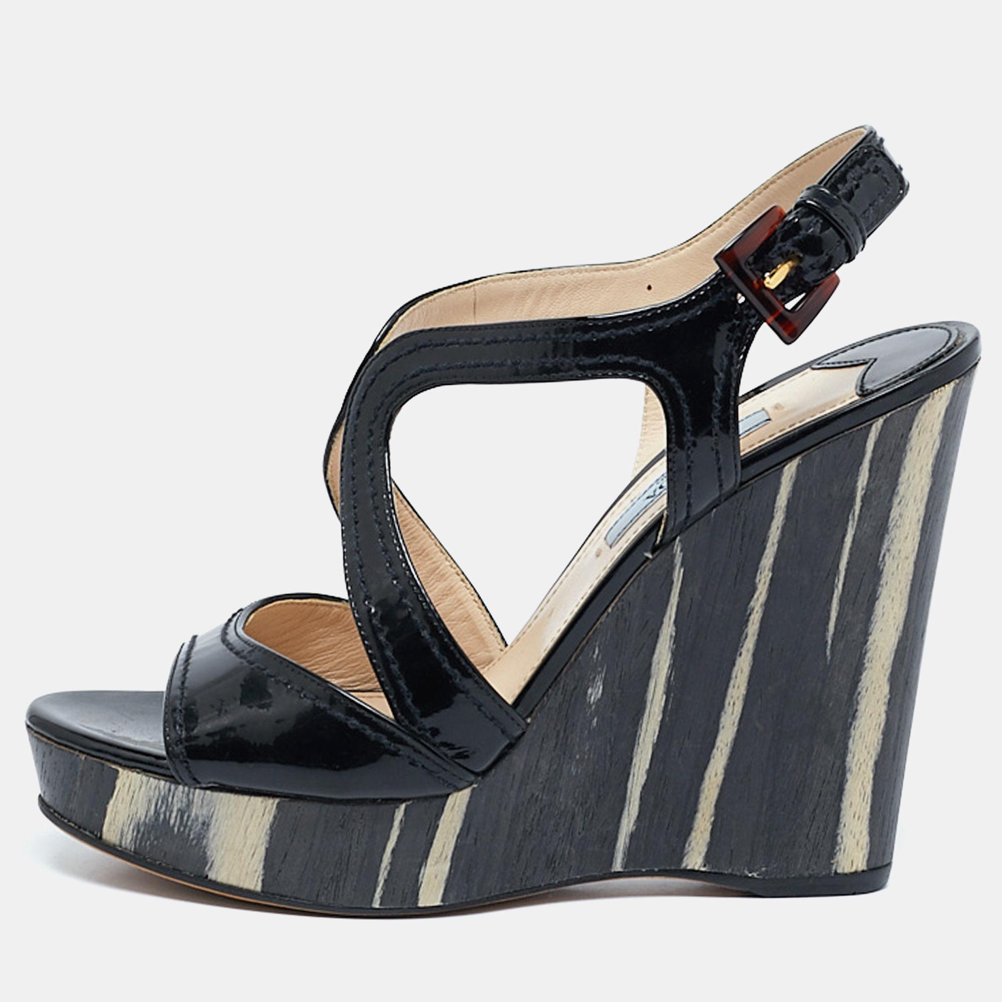 

Prada Black Patent Leather Wooden Wedge Ankle Strap Sandals Size