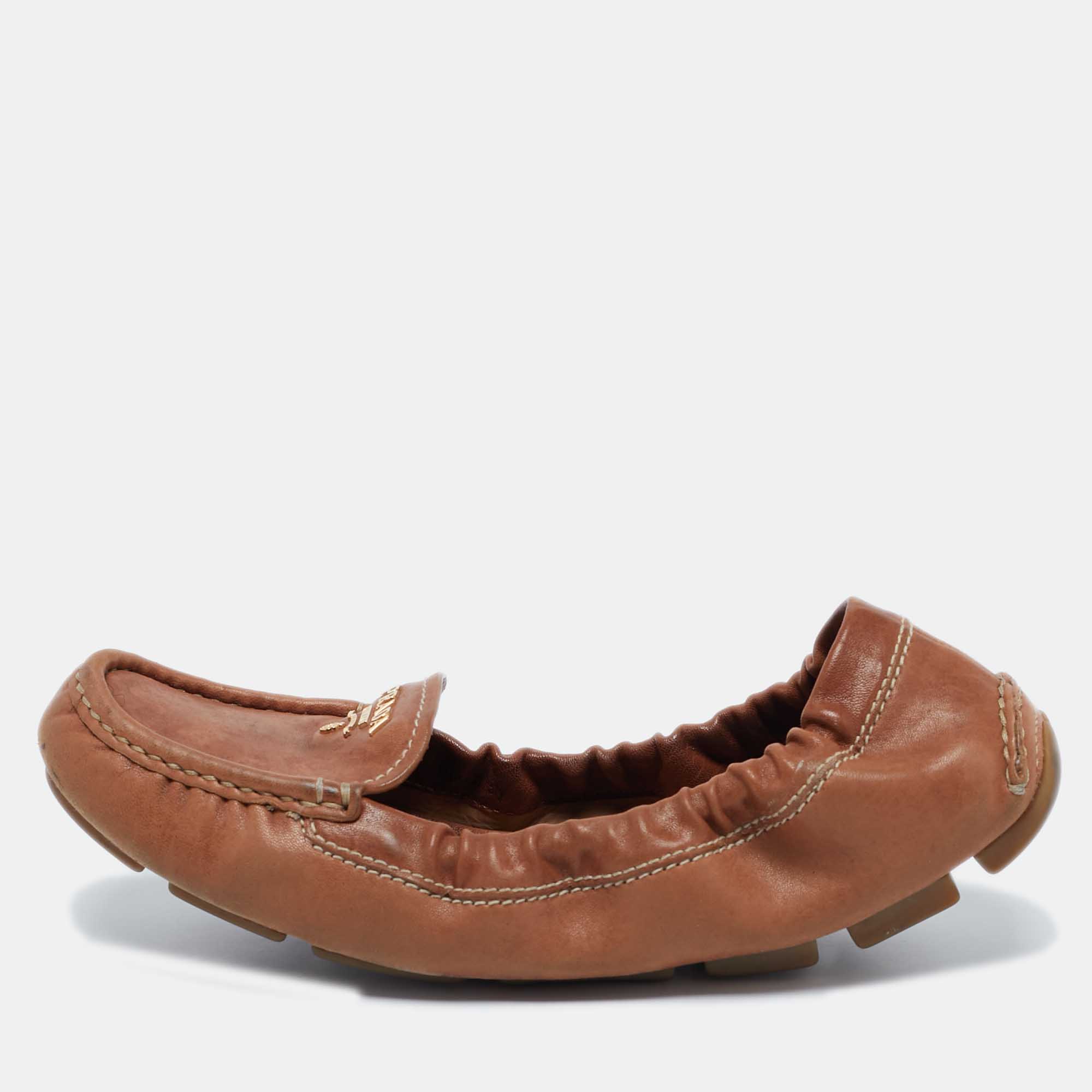 

Prada Brown Leather Scrunch Slip On Loafers Size