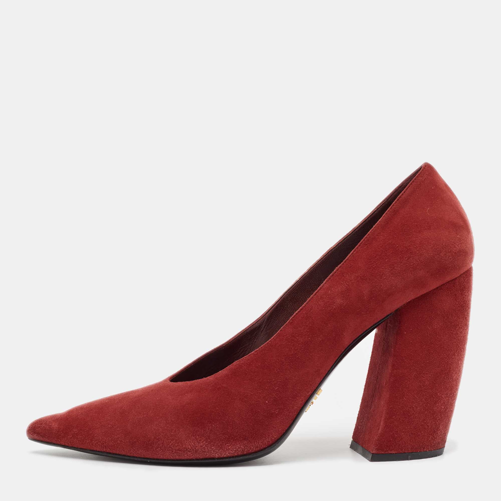 

Prada Dark Red Suede Pointed Toe Block Heel Pumps Size