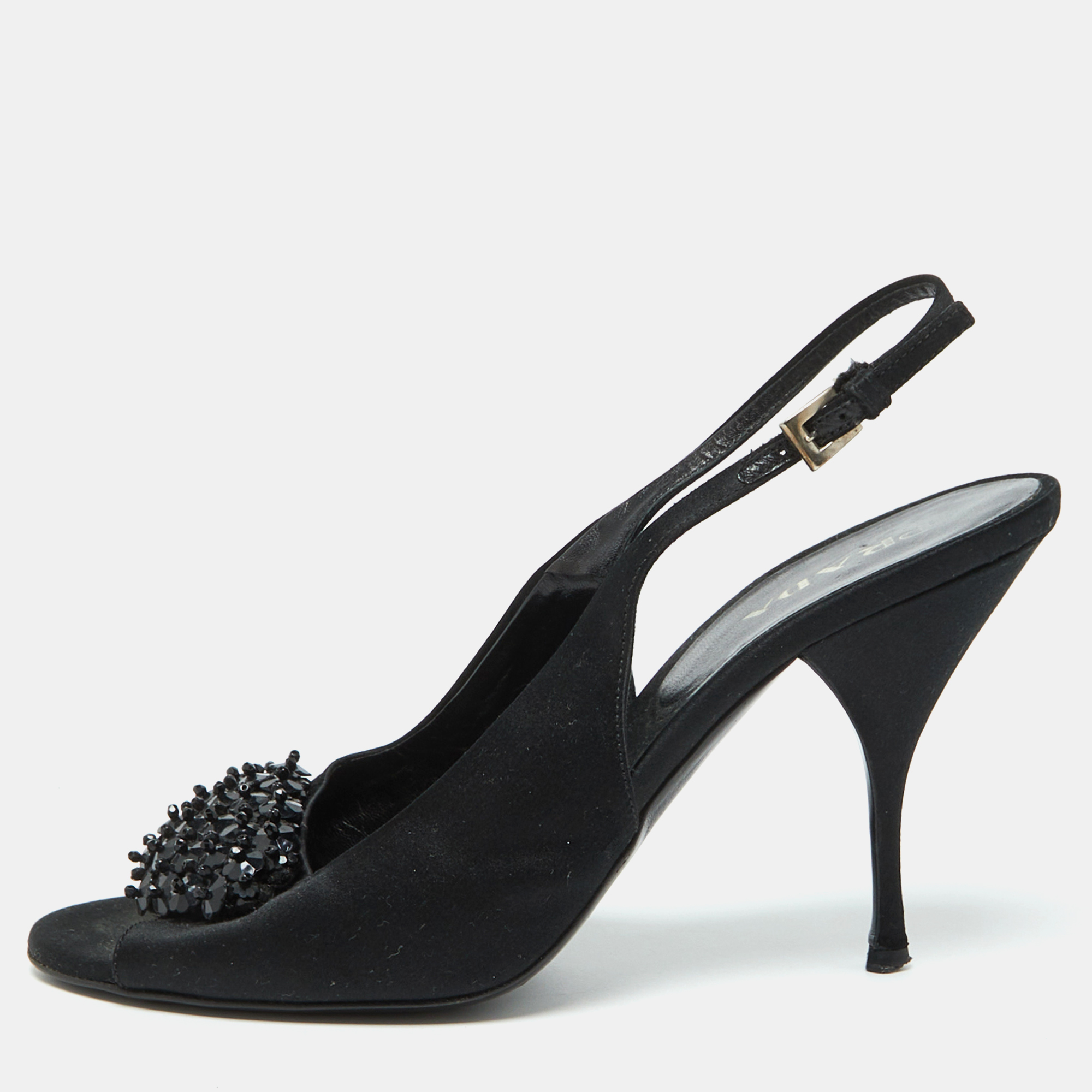 

Prada Black Satin Beaded Accents Slingback Pumps Size