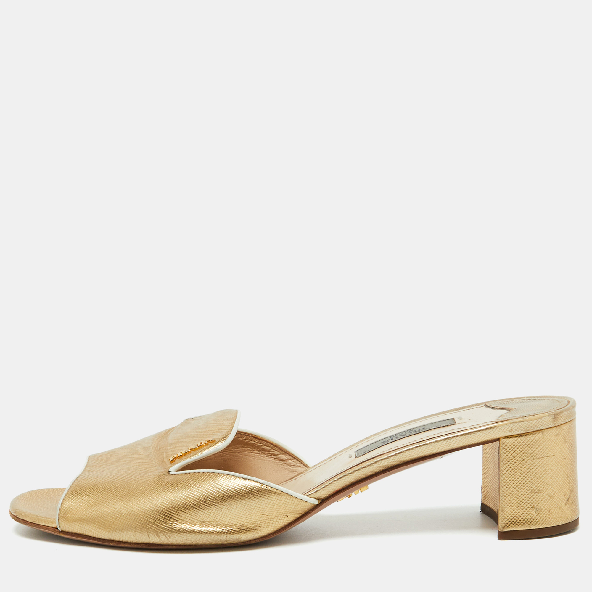 

Prada Gold Saffiano Leather Block Heel Slide Sandals Size