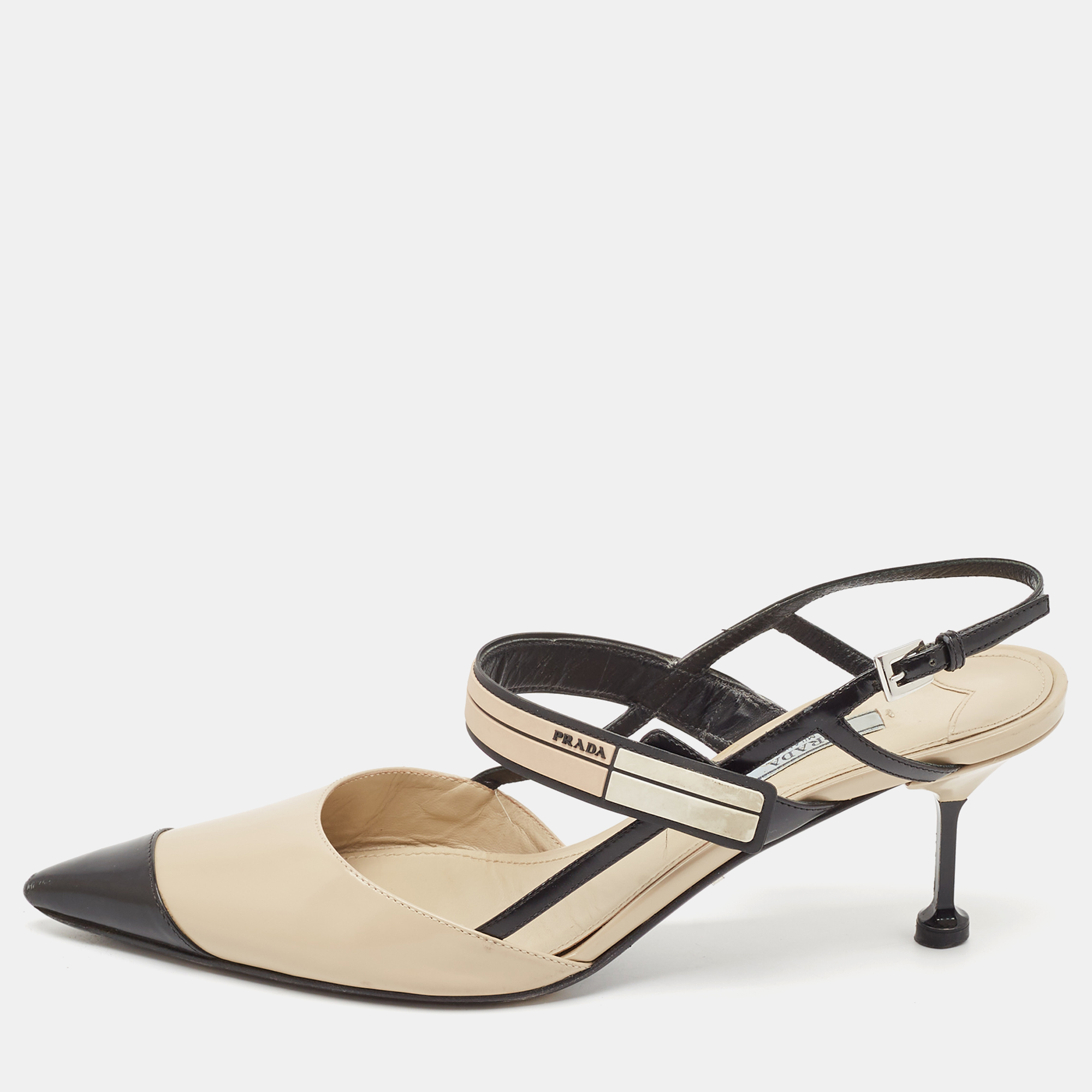 

Prada Beige/Black Brushed Leather Slingback Pumps Size