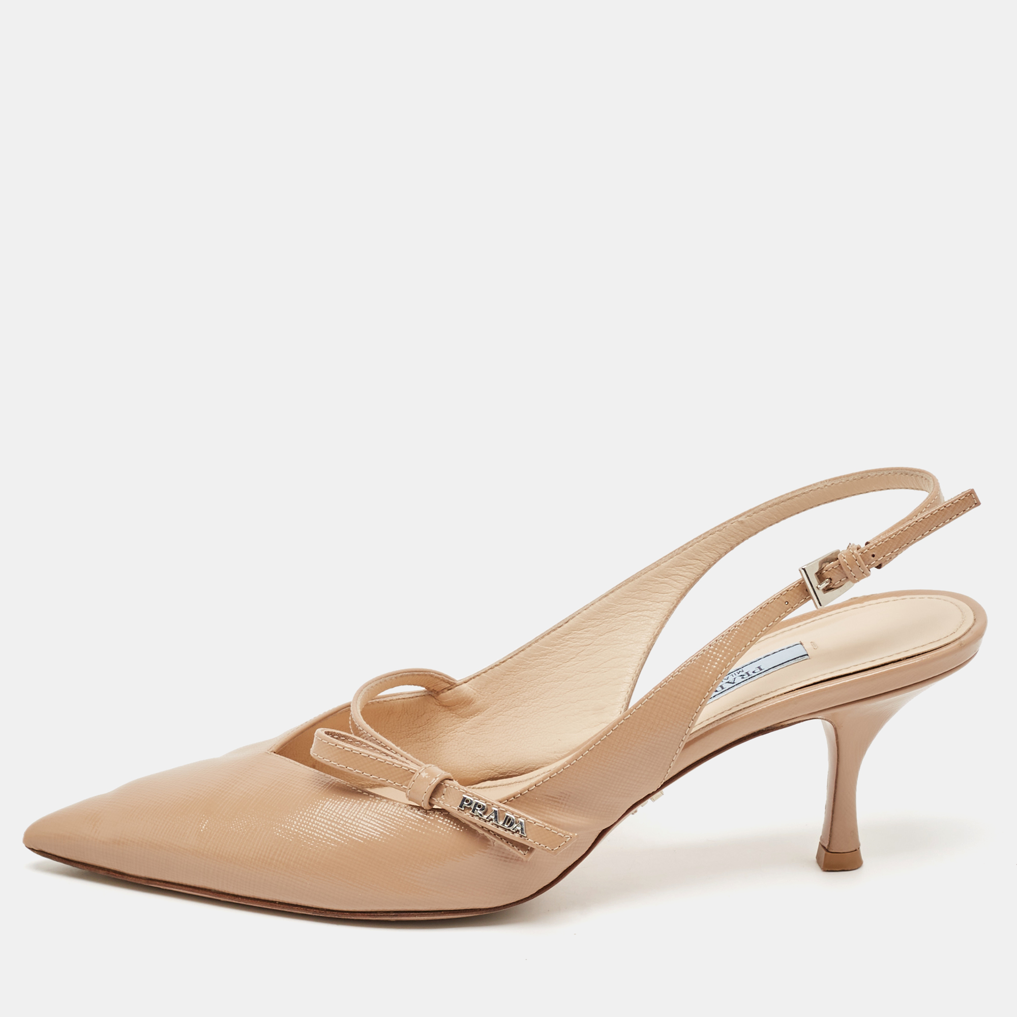 

Prada Beige Patent Leather Bow Slingback Pumps Size