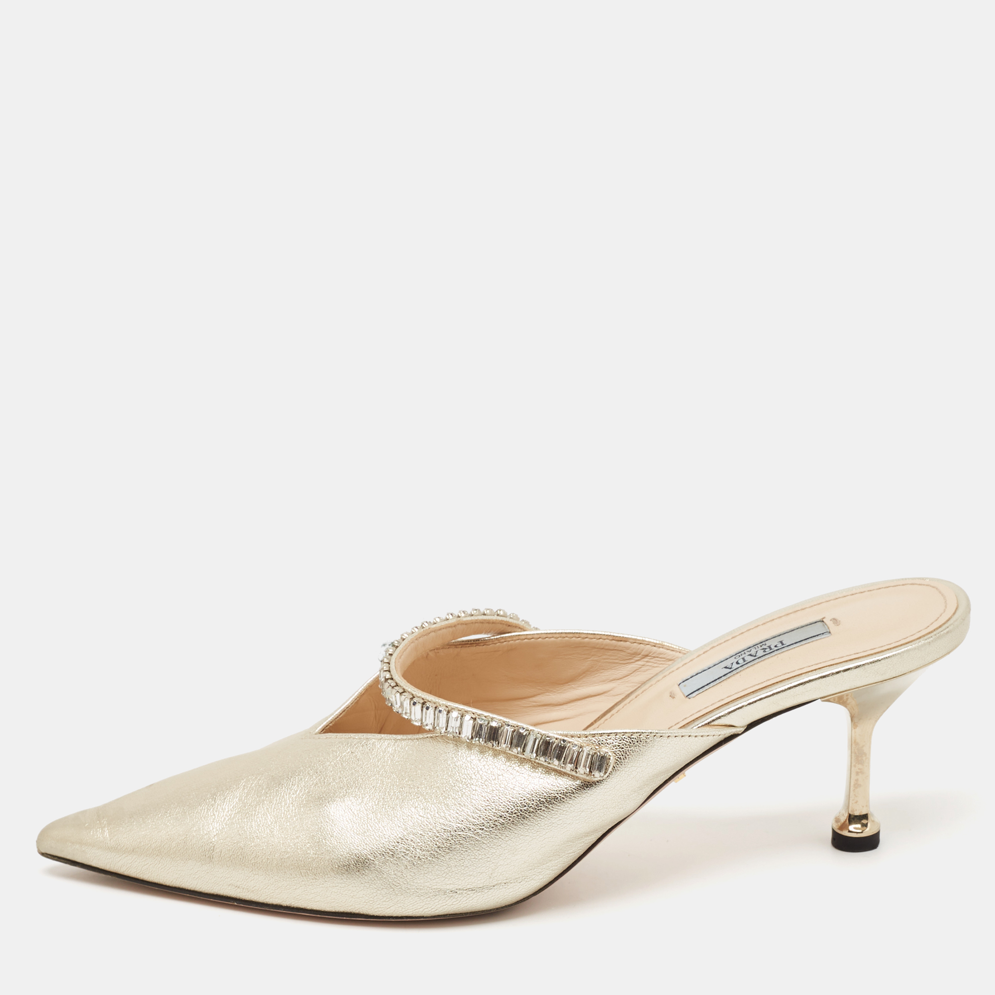 

Prada Gold Leather Crystal Embellished Mules Size