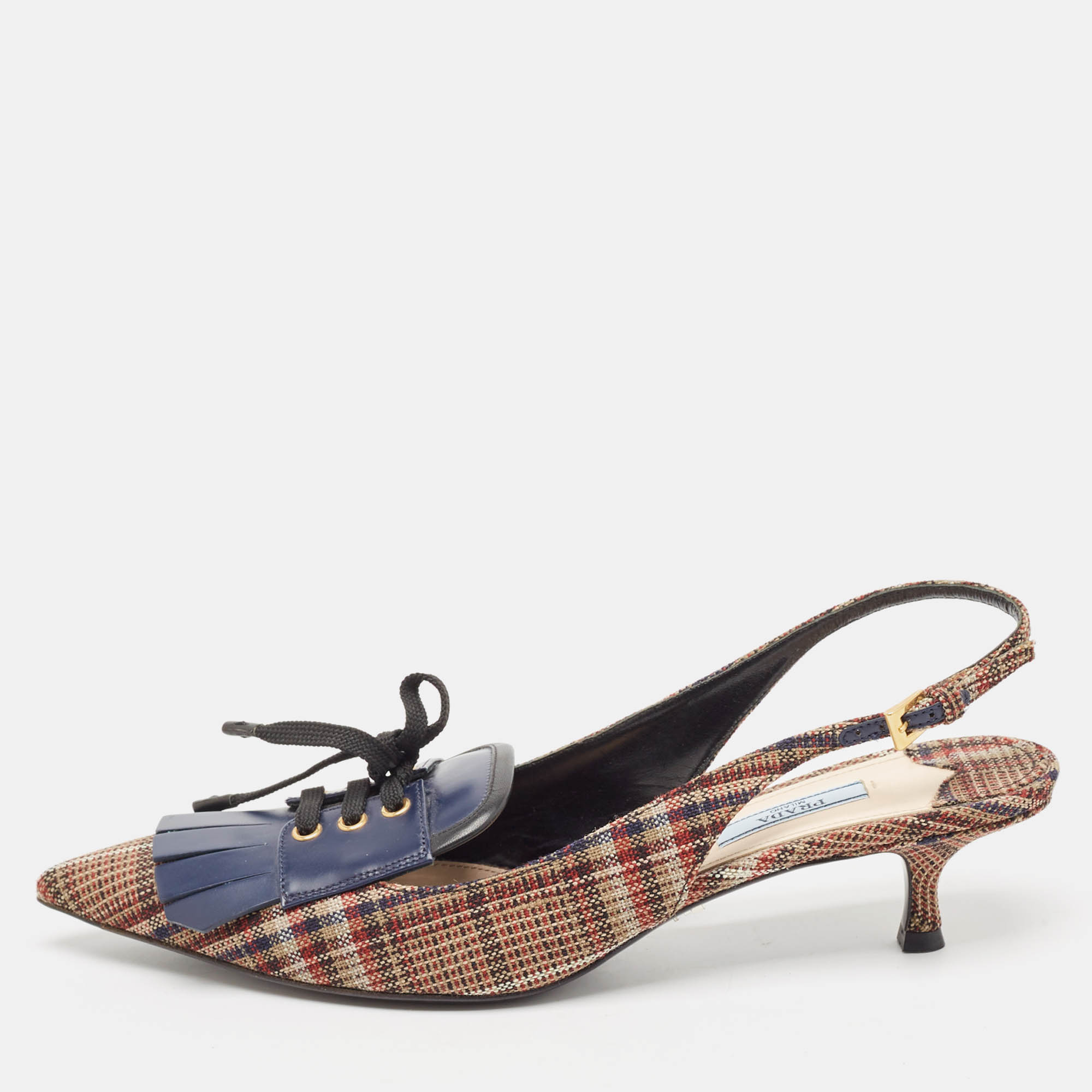 

Prada Brown/Navy Blue Plaid Canvas and Leather Fringe Detail Lace Up Slingback Pumps Size