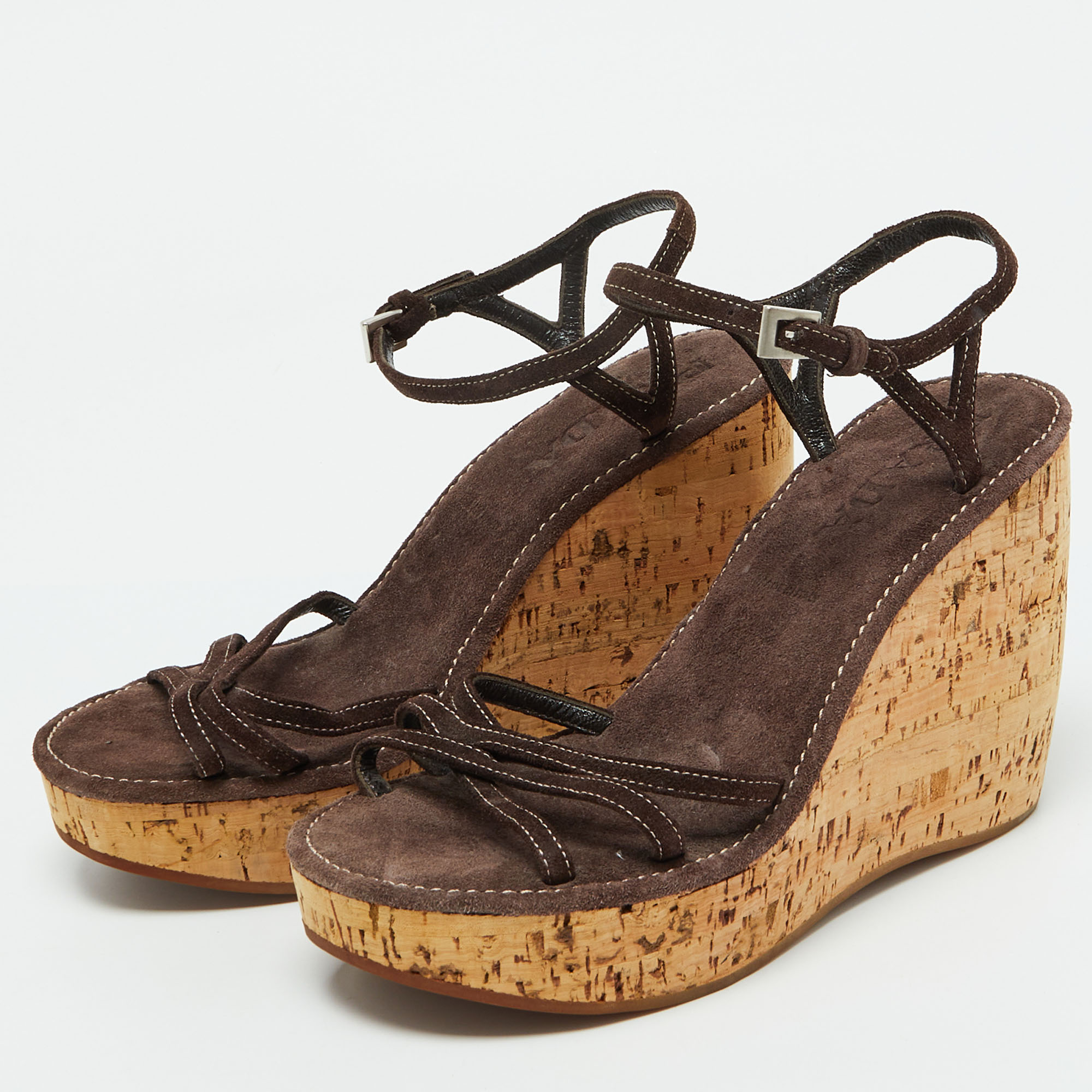 Prada Dark Brown Suede Cork Platform Wedge Ankle Strap Sandals Size 38.5 