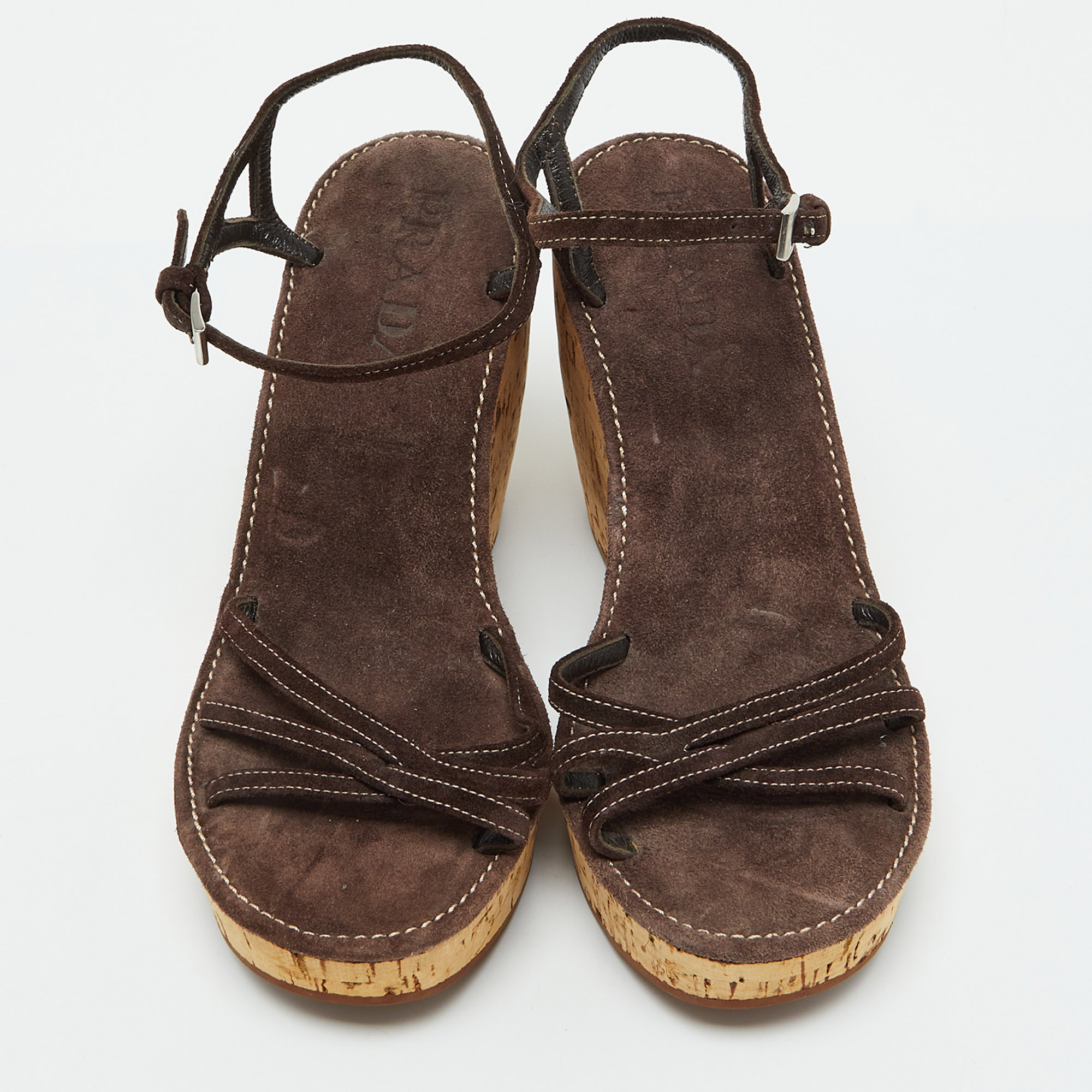 Prada Dark Brown Suede Cork Platform Wedge Ankle Strap Sandals Size 38.5 