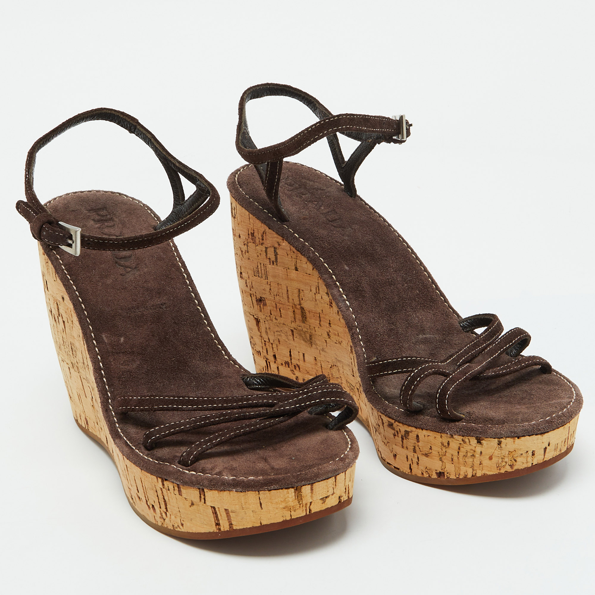 Prada Dark Brown Suede Cork Platform Wedge Ankle Strap Sandals Size 38.5 