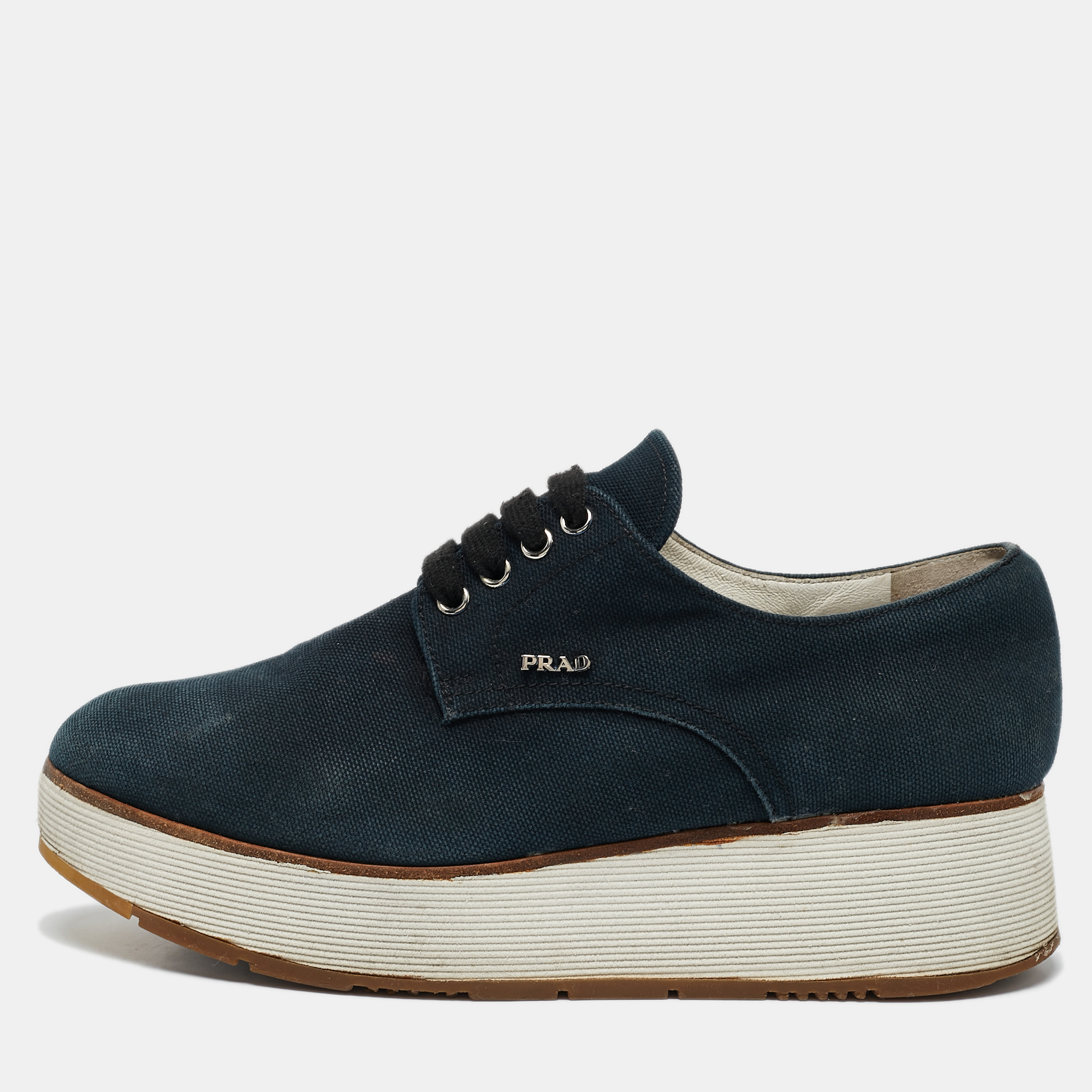 

Prada Navy Blue Denim Platform Lace Up Sneakers Size