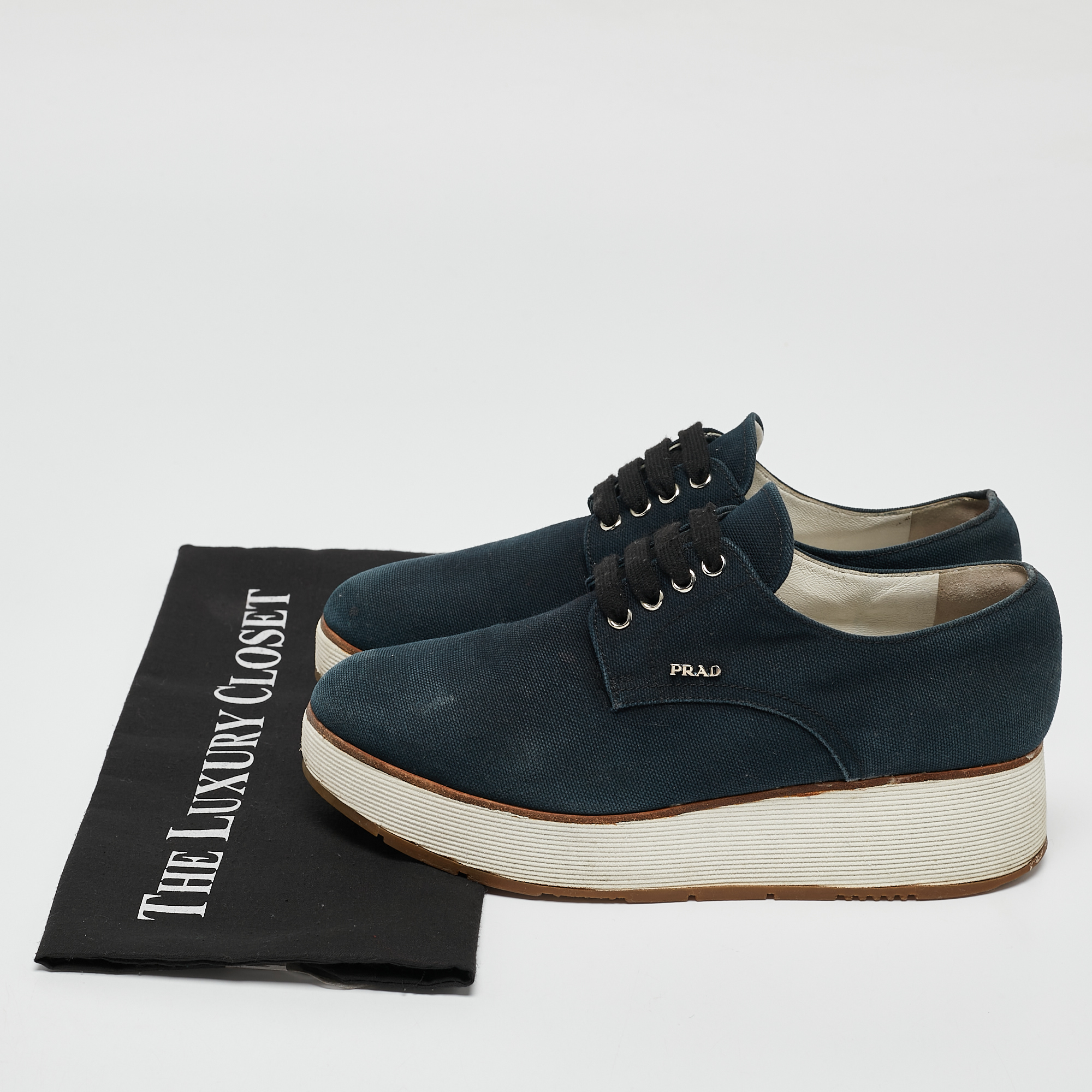 Prada Navy Blue Denim Platform Lace Up Sneakers Size 37 