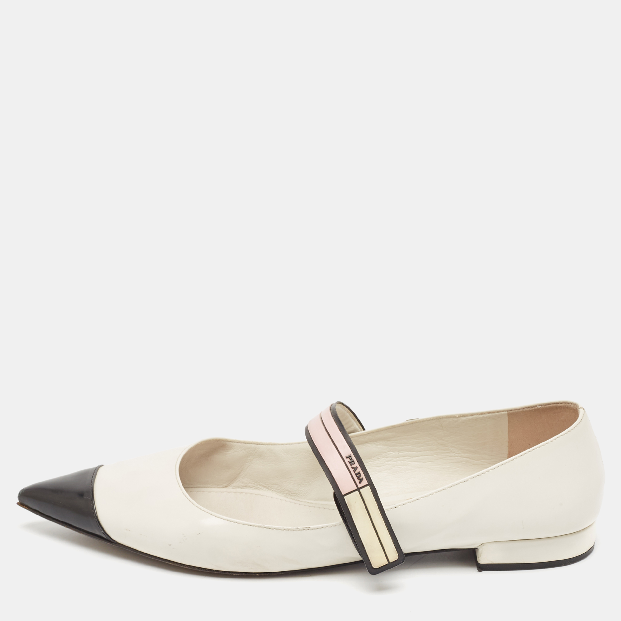 

Prada White/Black Leather Mary Jane Flats Size