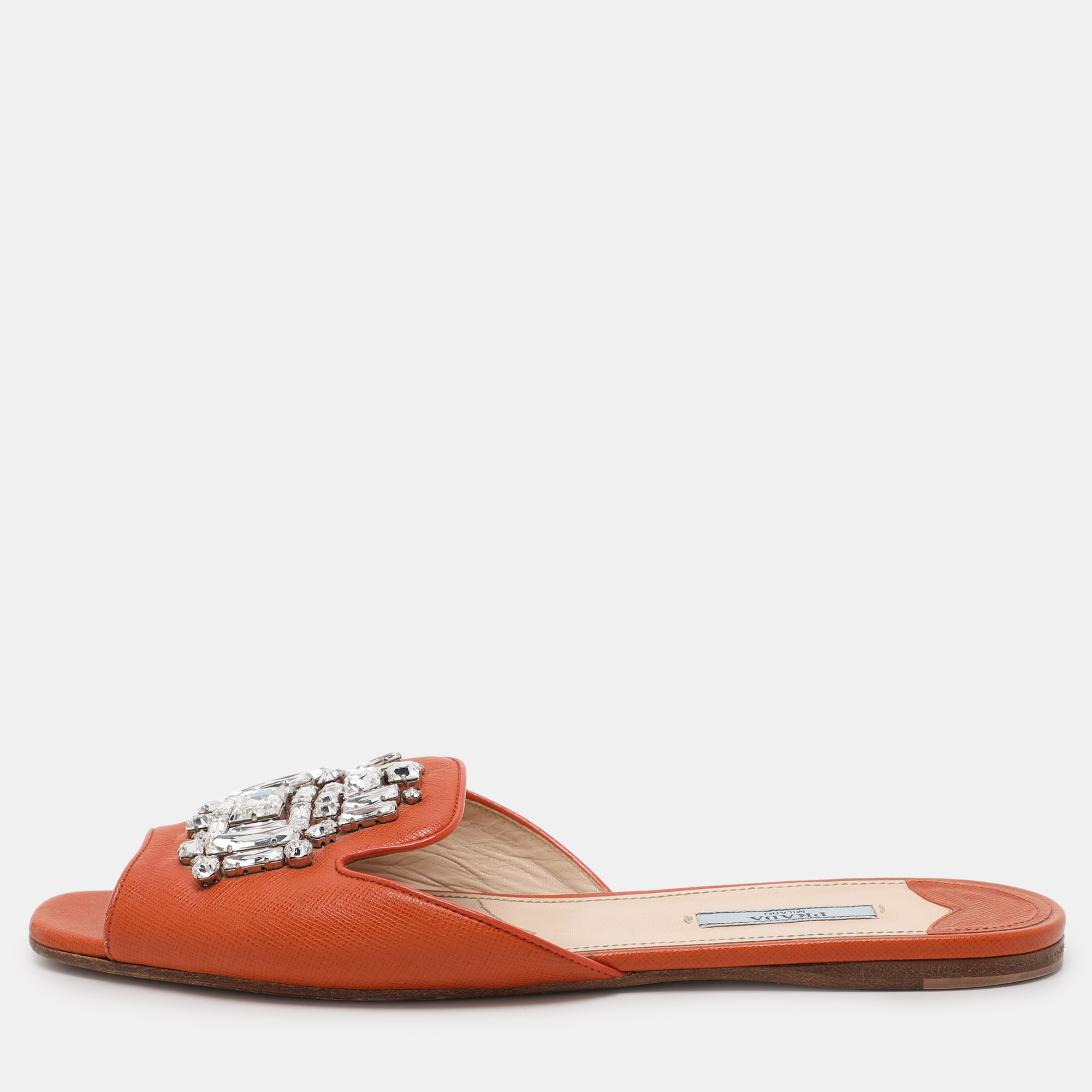 

Prada Orange Saffiano Leather Embellished Flat Slides Size