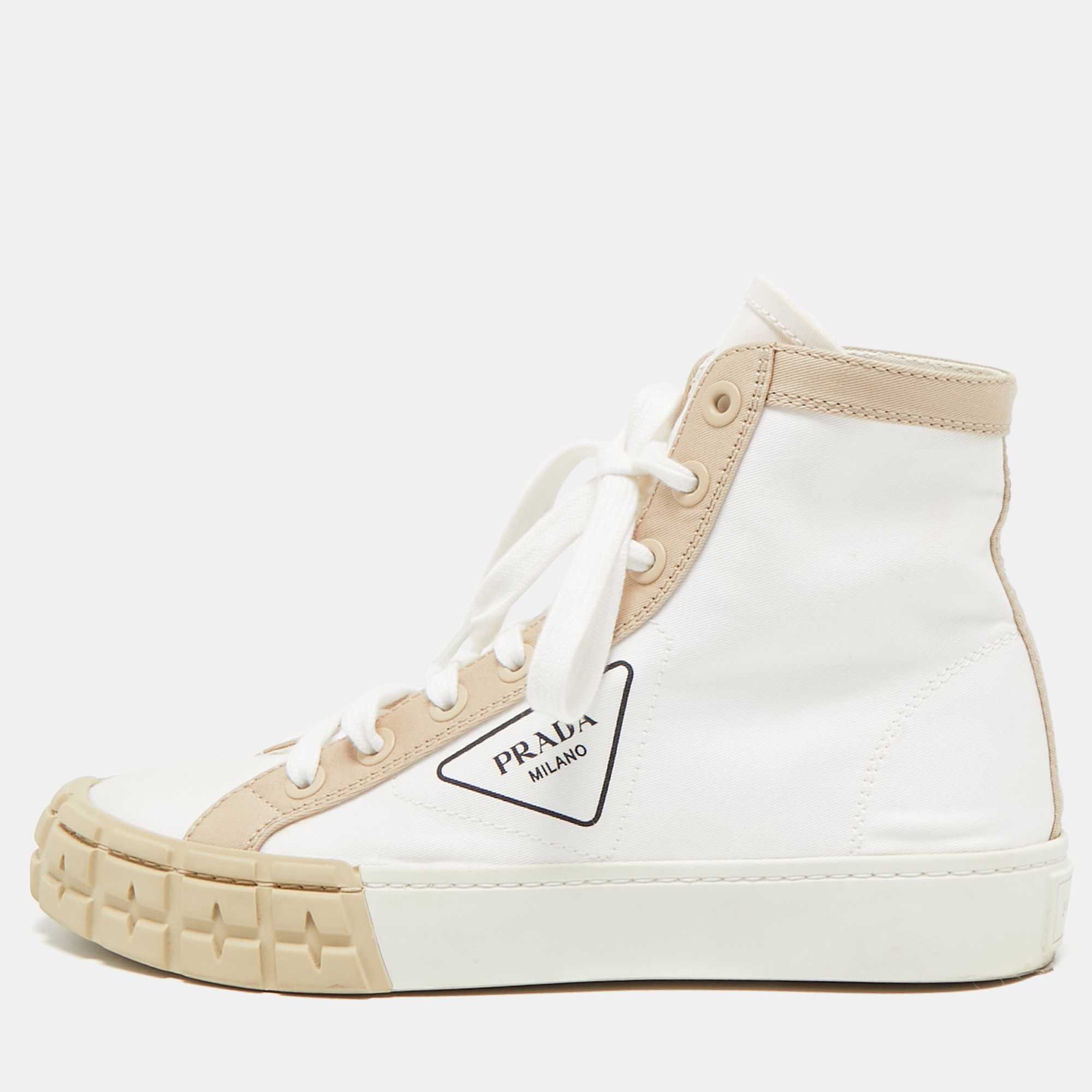 

Prada White/Beige Canvas Gabardine High Top Sneakers Size