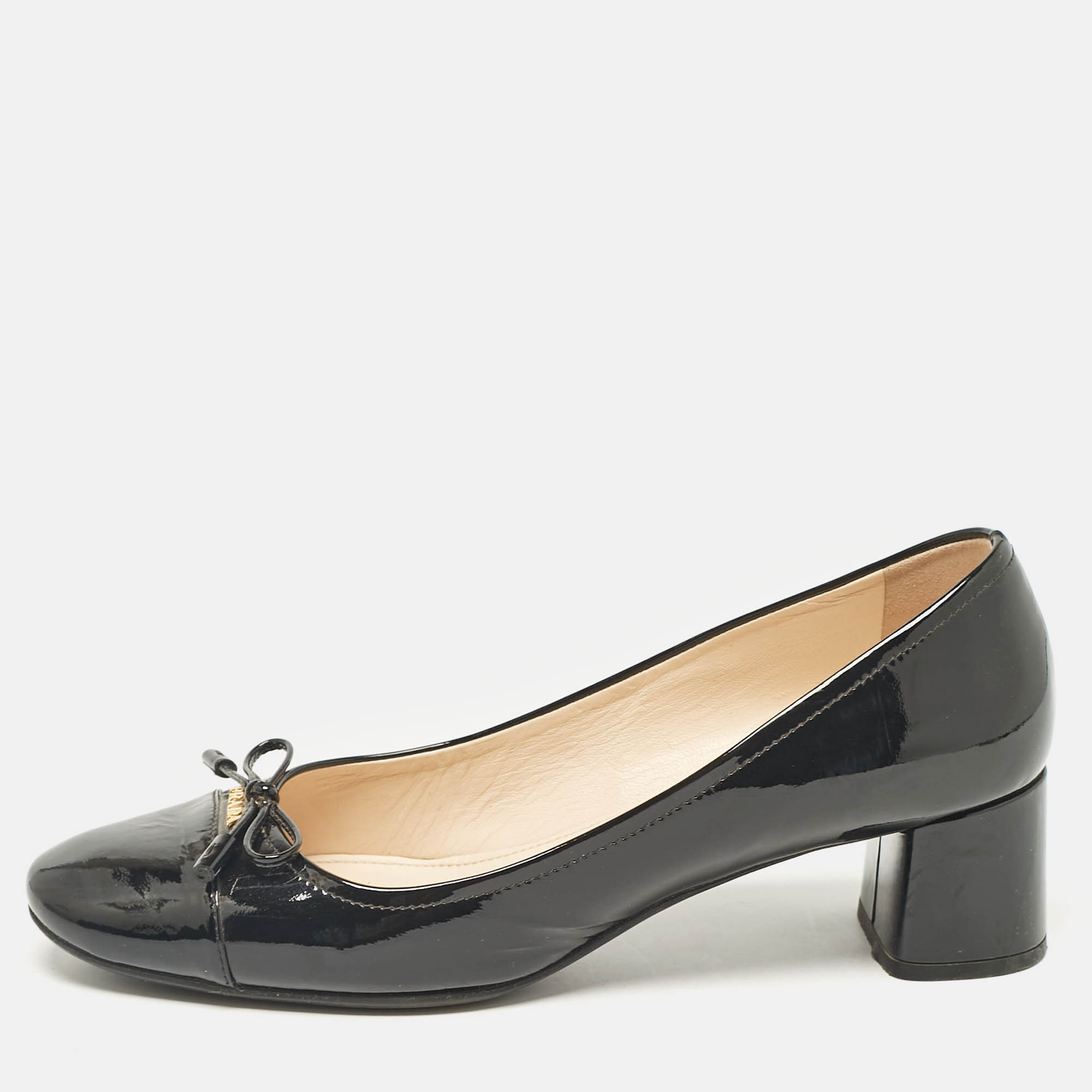 

Prada Black Patent Leather Bow Cap Toe Block Heel Pumps Size