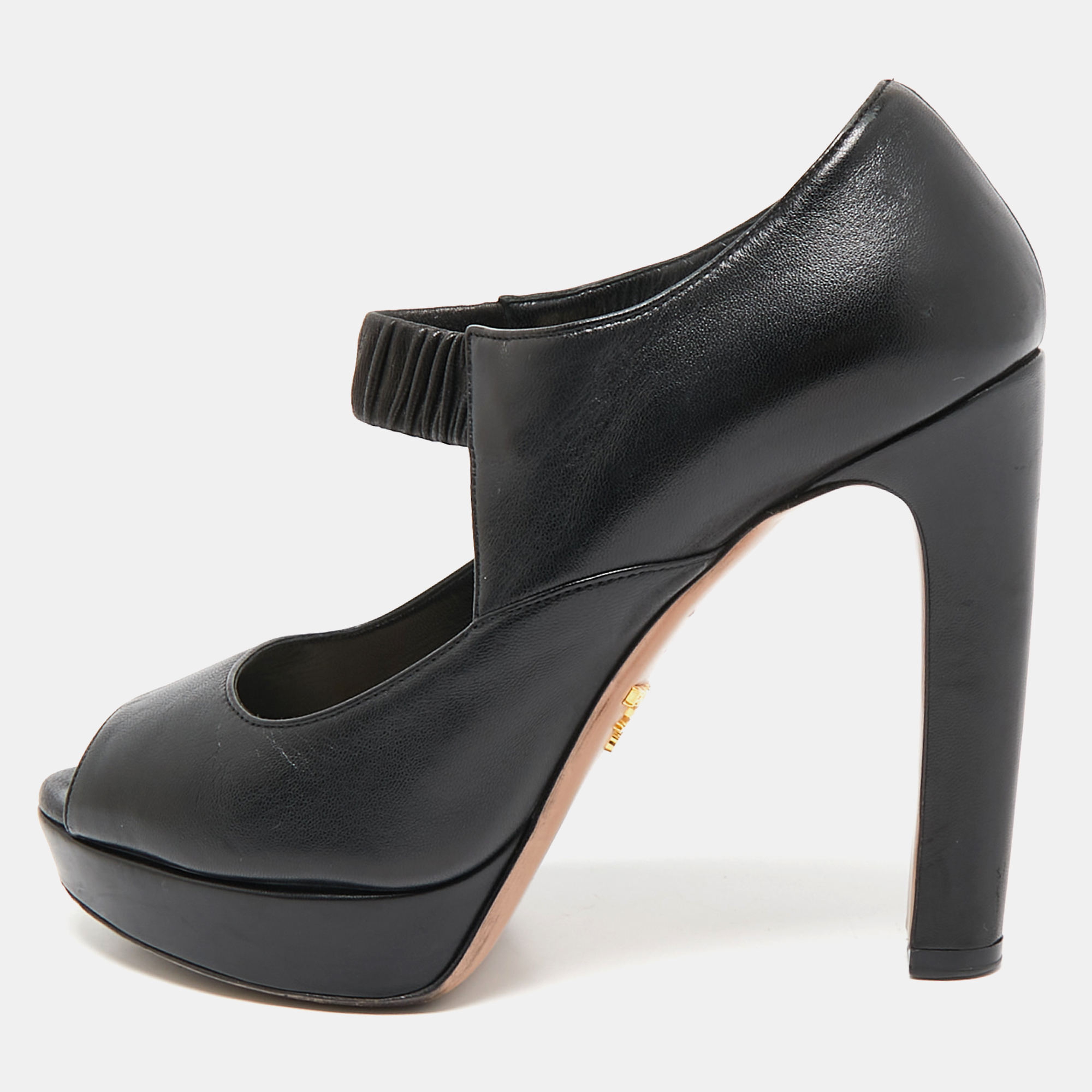 

Prada Black Leather Peep Toe Mary Jane Platform Pumps Size