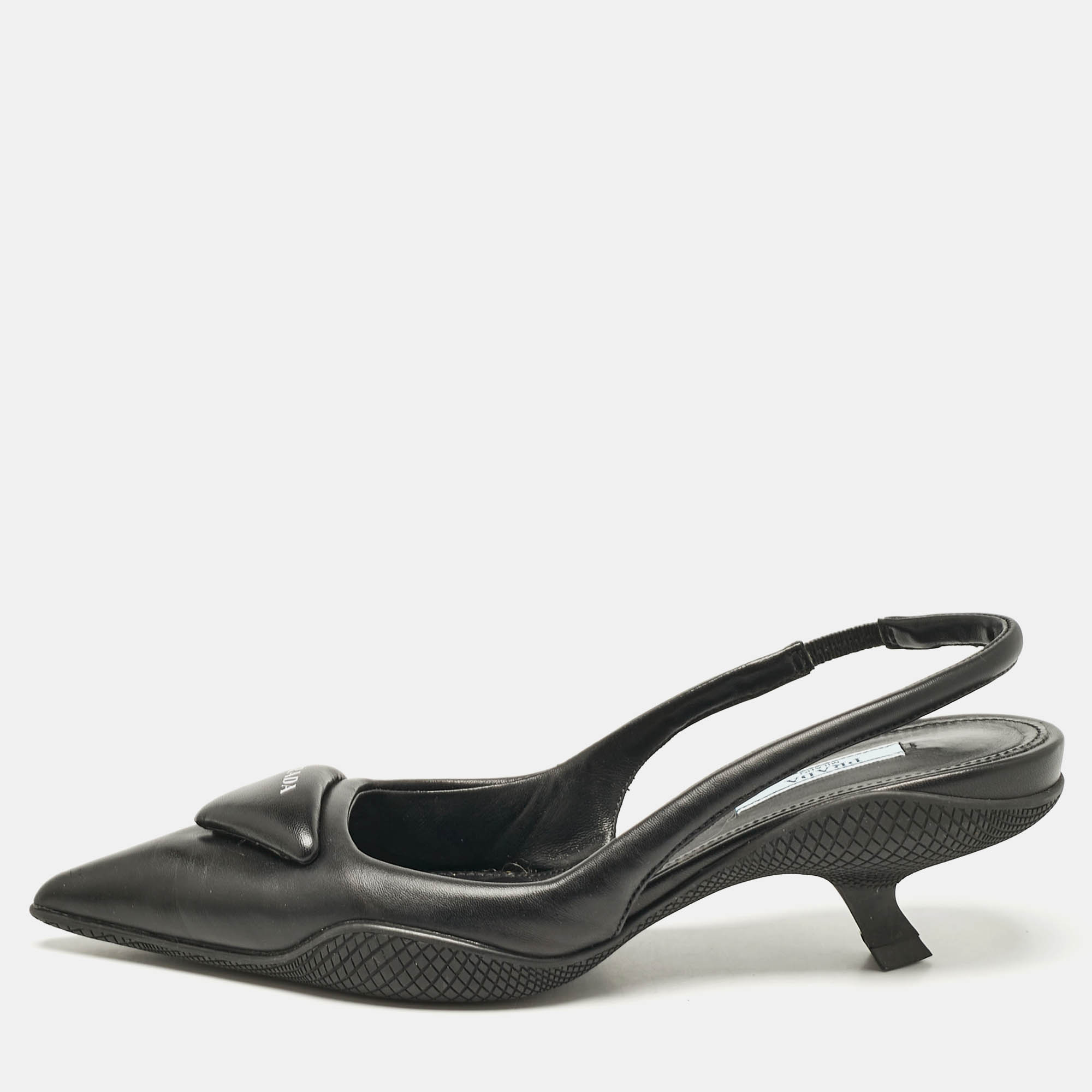 

Prada Black Leather Logo Pointed Toe Slingback Pumps Size