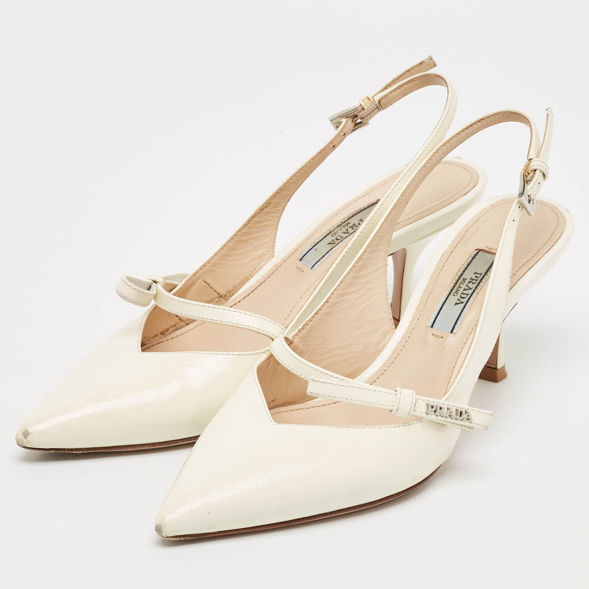 Prada White Patent Leather Pointed Toe Slingback Pumps Size 36 