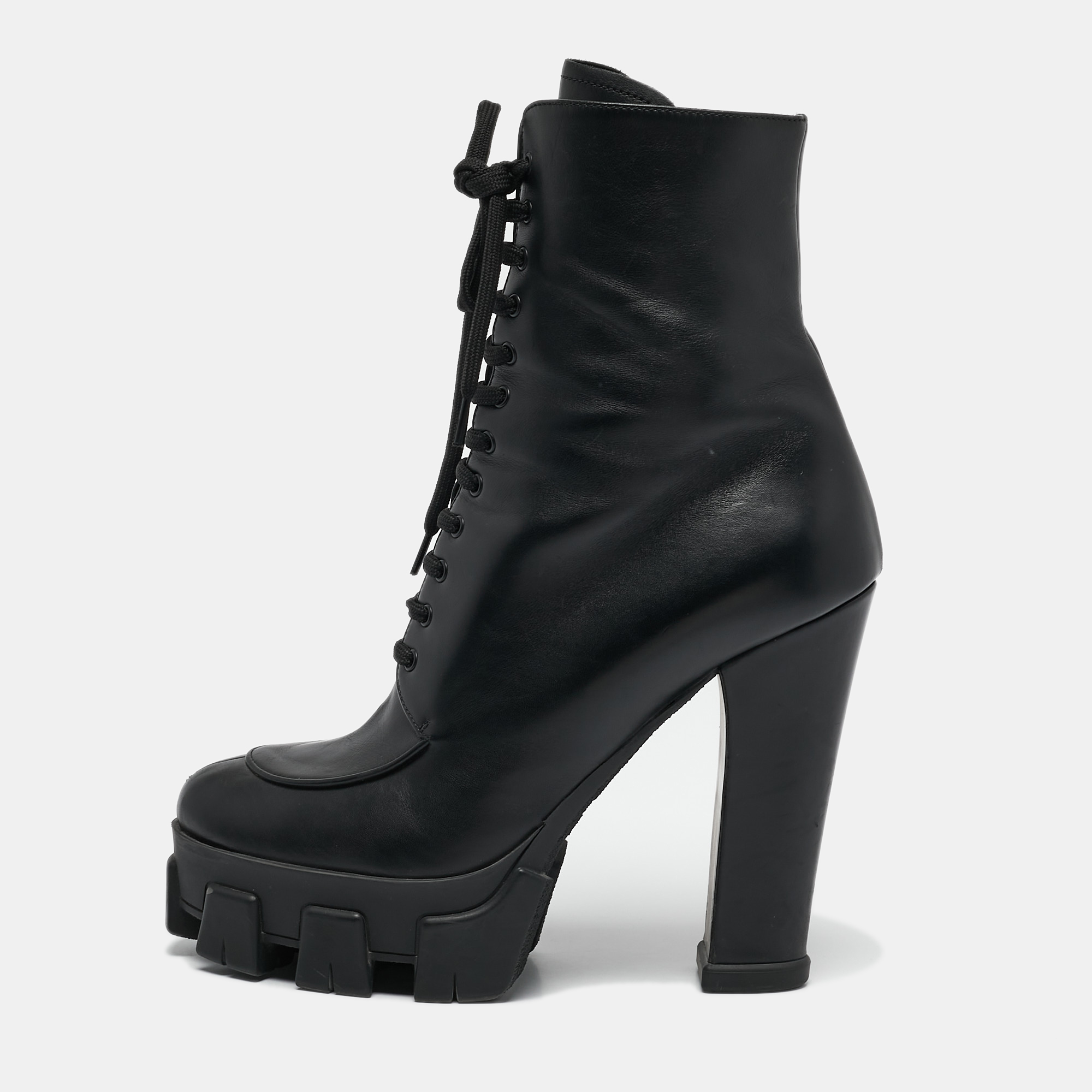 

Prada Black Leather Monolith Ankle Boots Size