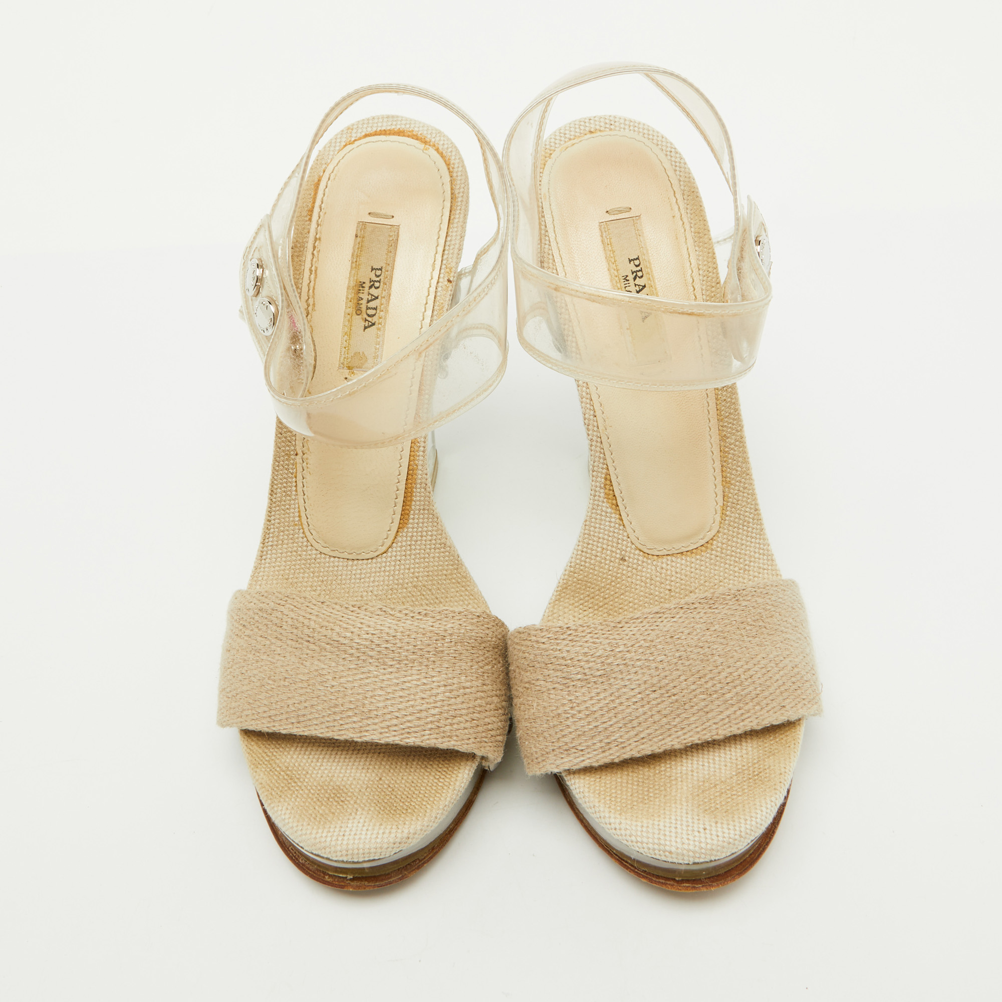 Prada Beige Canvas and PVC Clear Heel Platform Ankle Strap Sandals Size 36 
