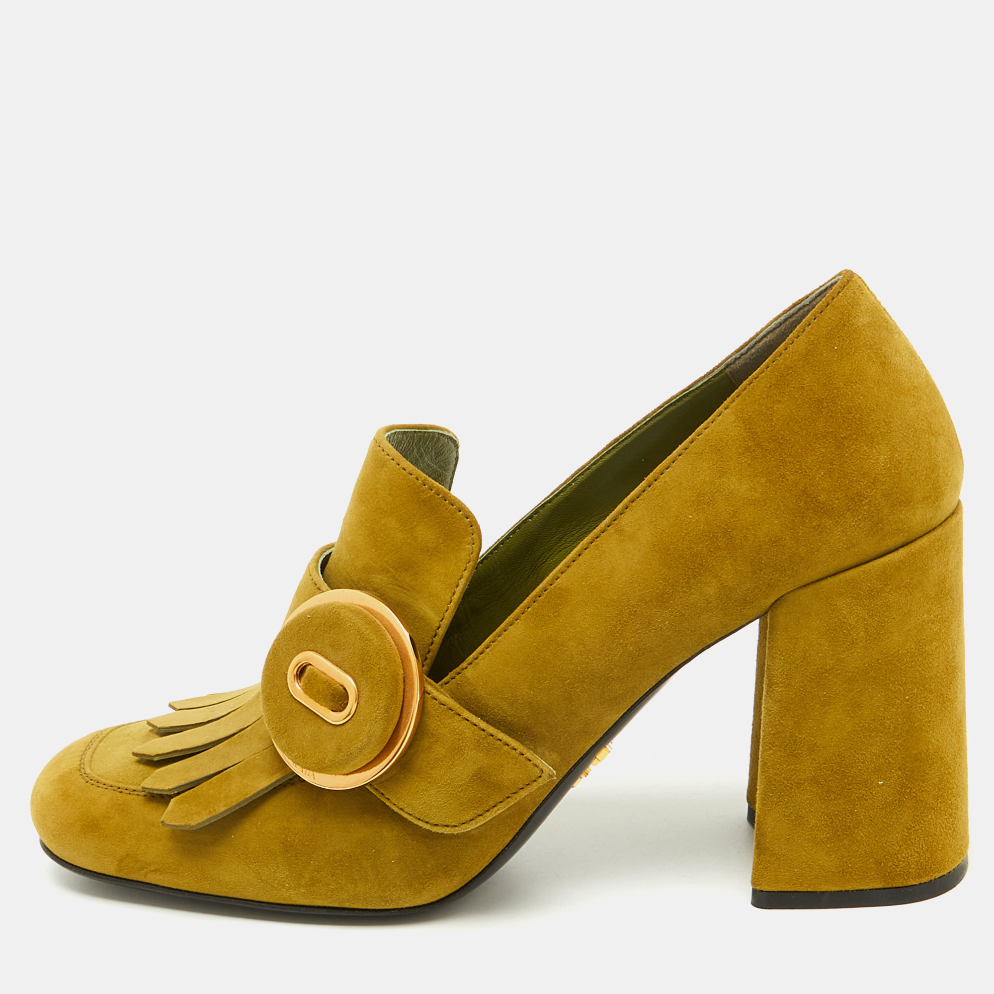 

Prada Green Suede Fringe Block Heel Pumps Size