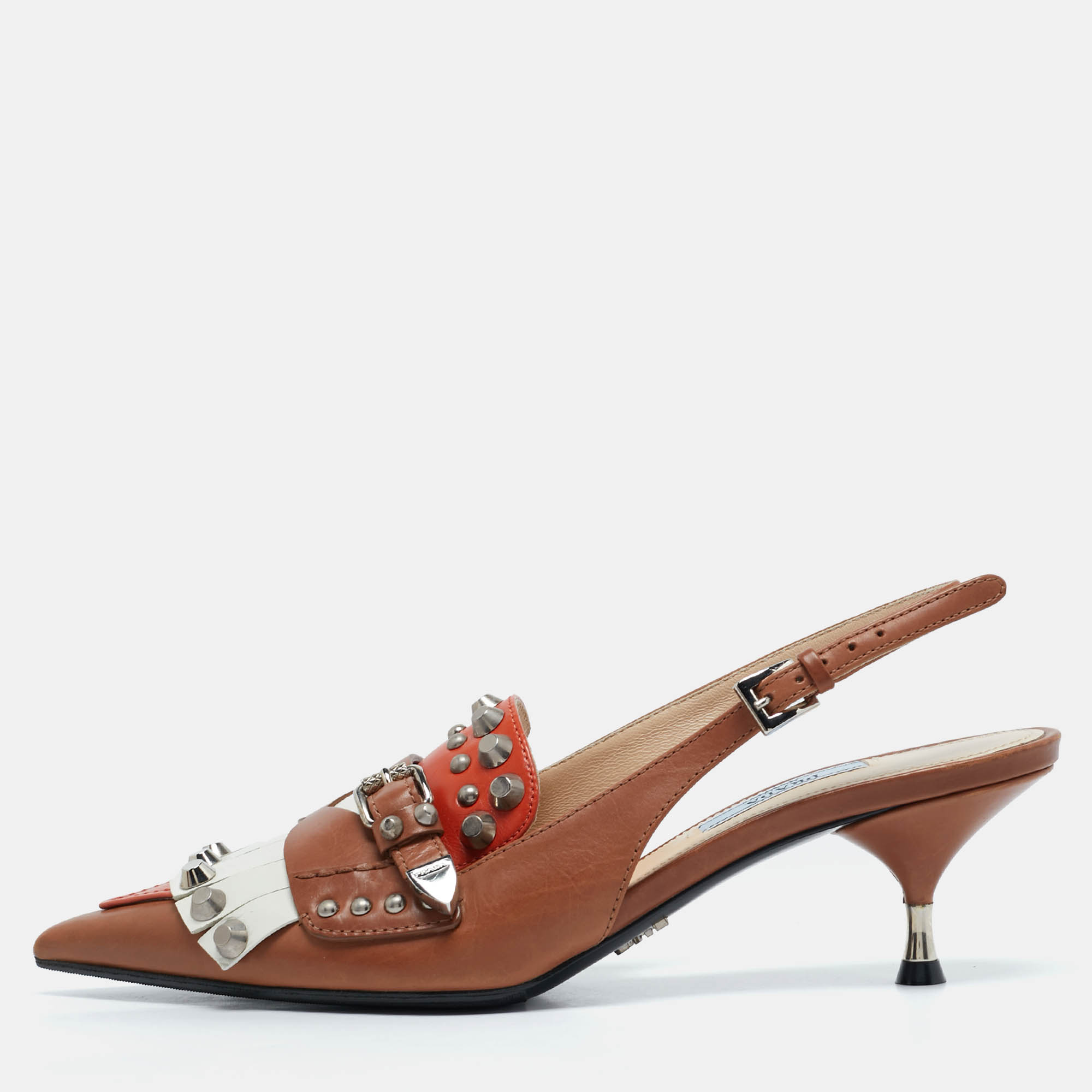 

Prada Multicolor Leather Fringed Studded Slingback Pumps Size