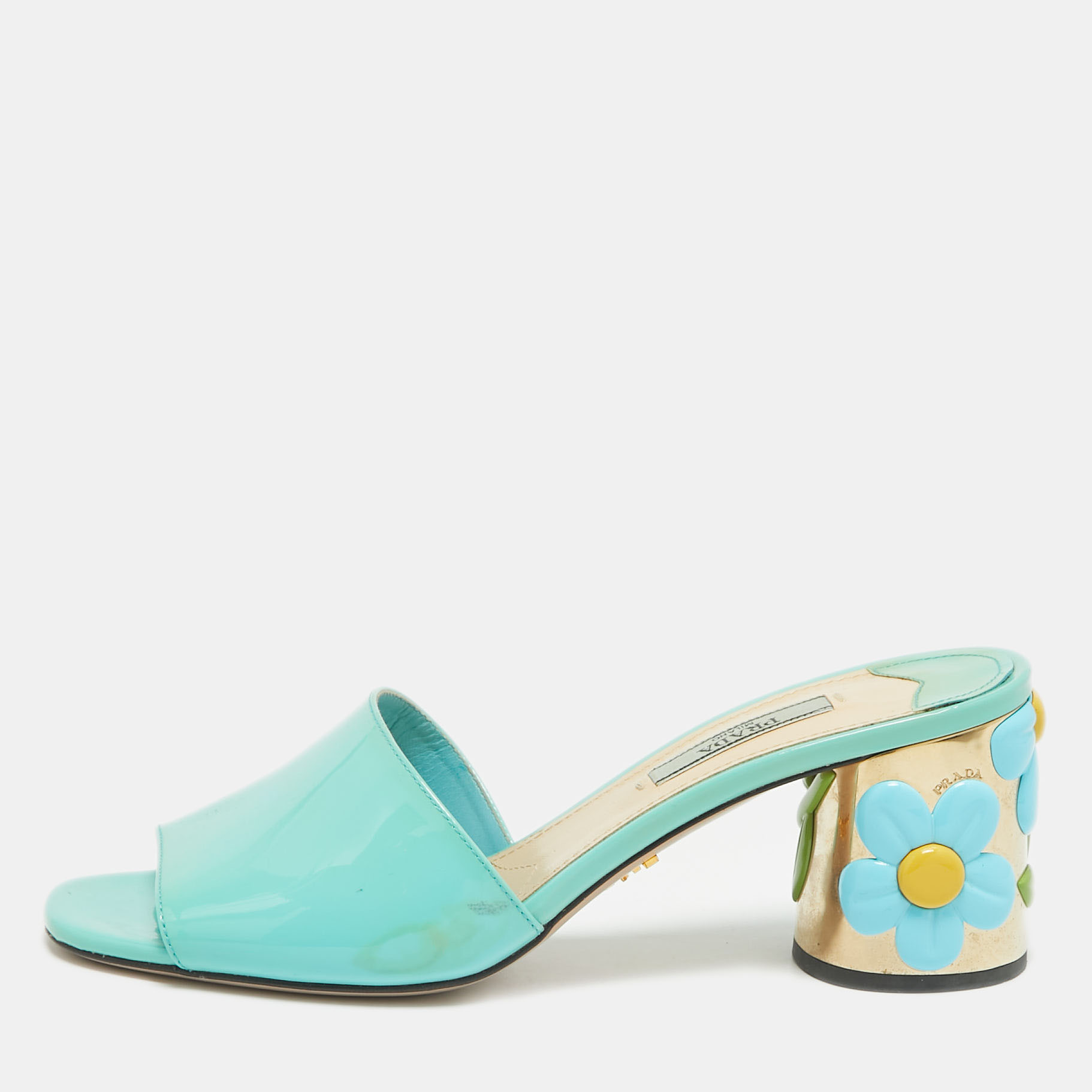 

Prada Blue Patent Leather Floral Print Slide Sandals Size