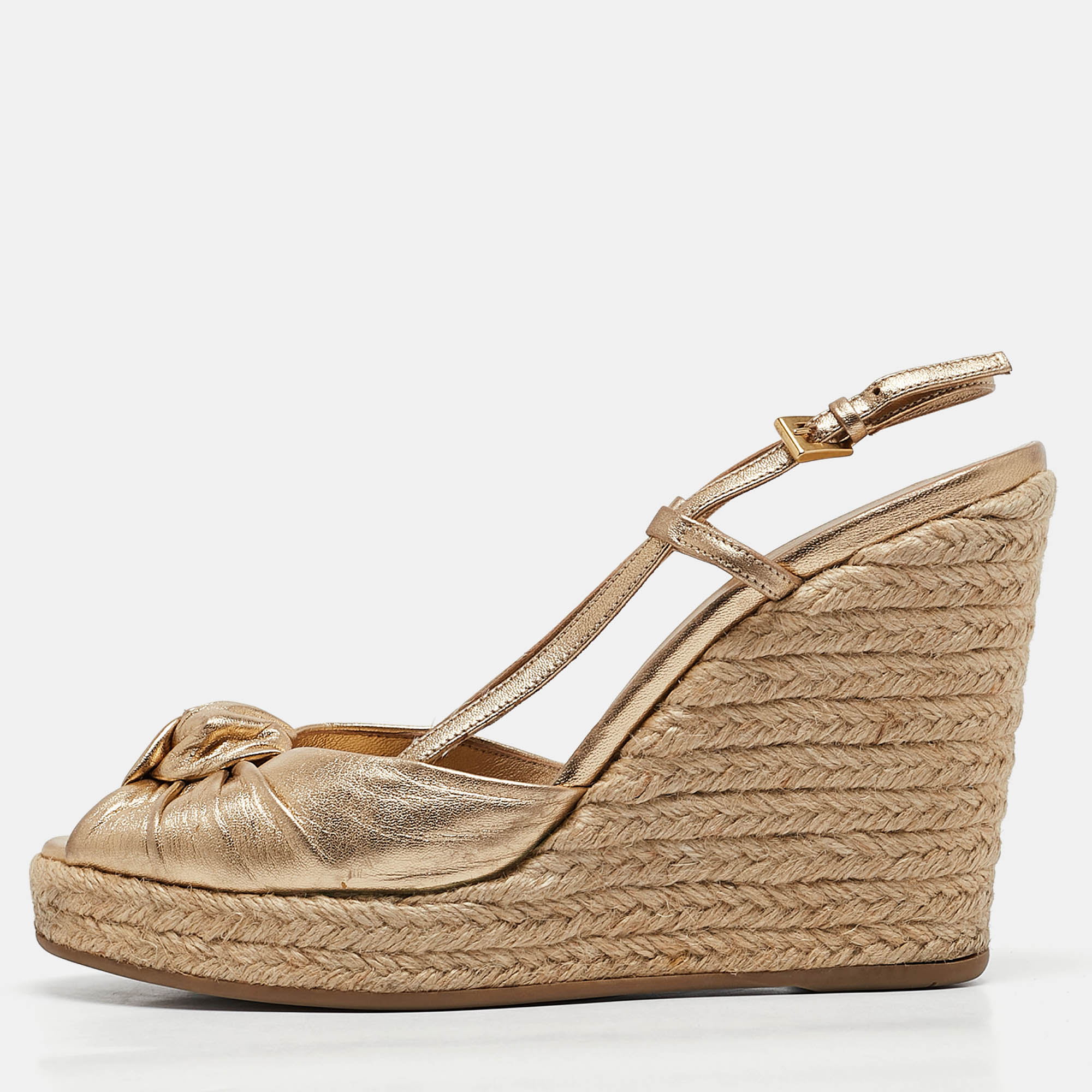 

Prada Gold Leather Espadrille Platform Wedge Ankle Strap Sandals Size