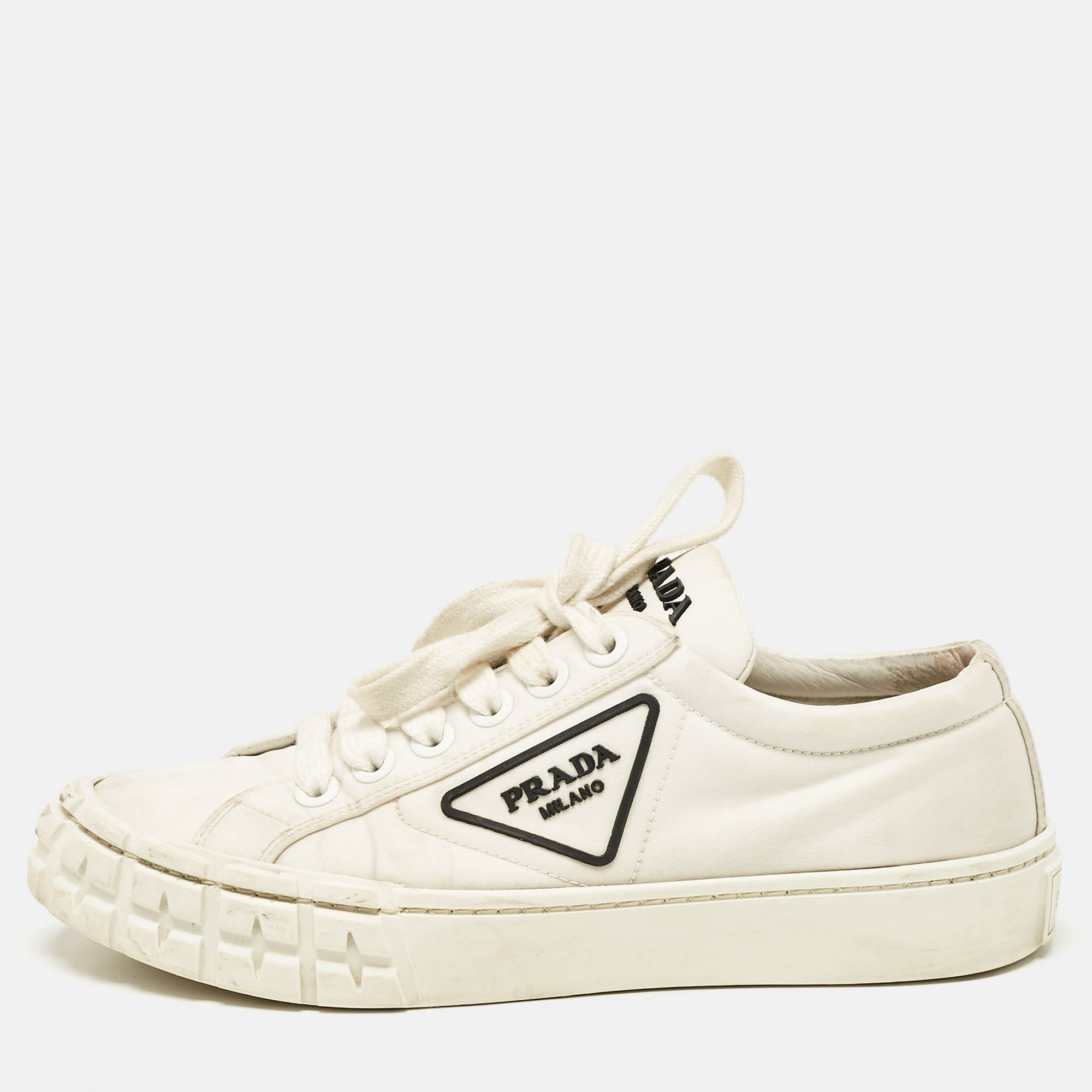 

Prada White Canvas Cassetta Lace Up Sneakers Size