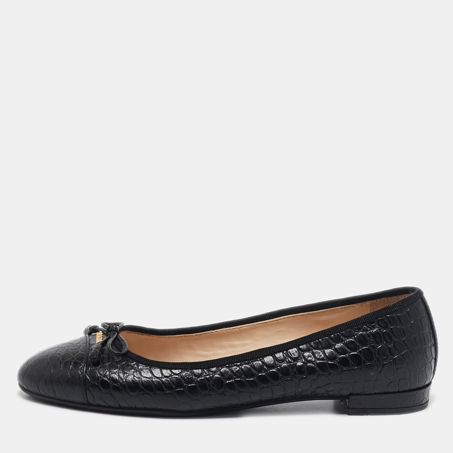 

Prada Black Croc Embossed Leather Bow Ballet Flats Size