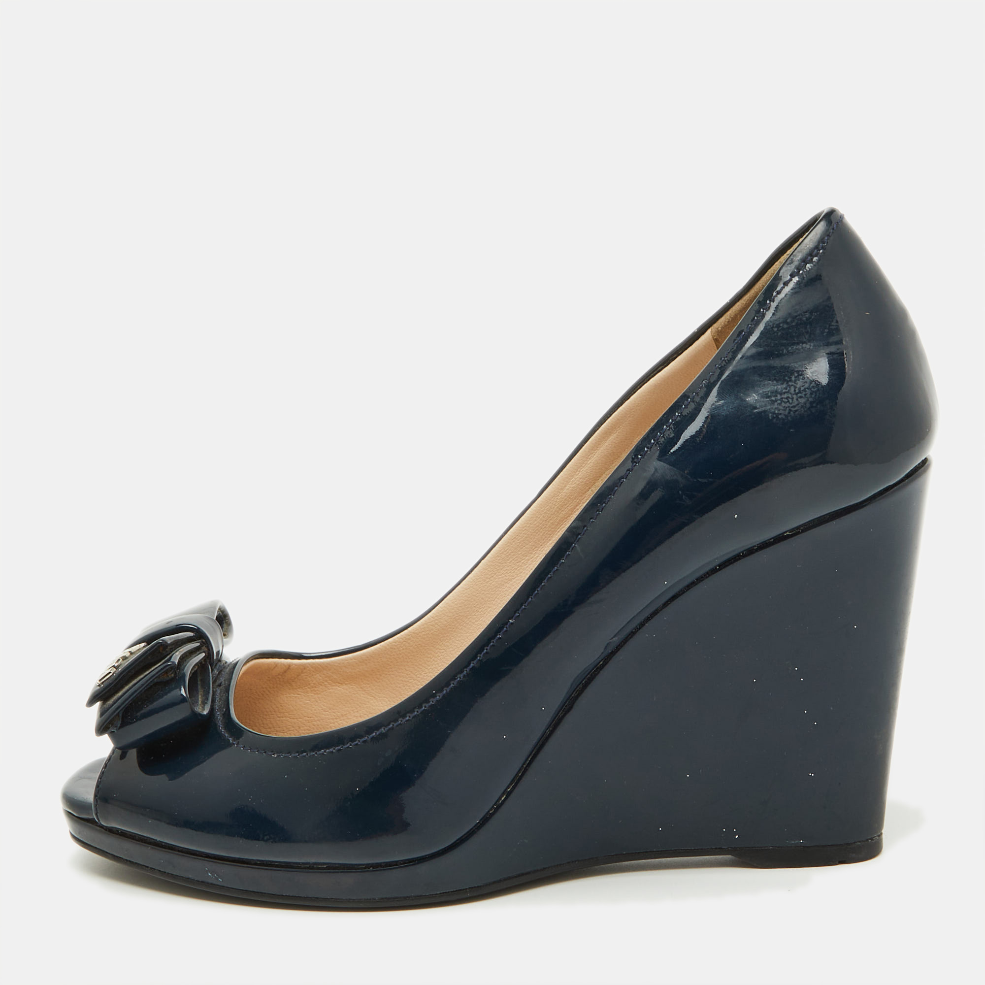 

Prada Navy Blue Patent leather Peep Toe Bow Wedge Pumps Size