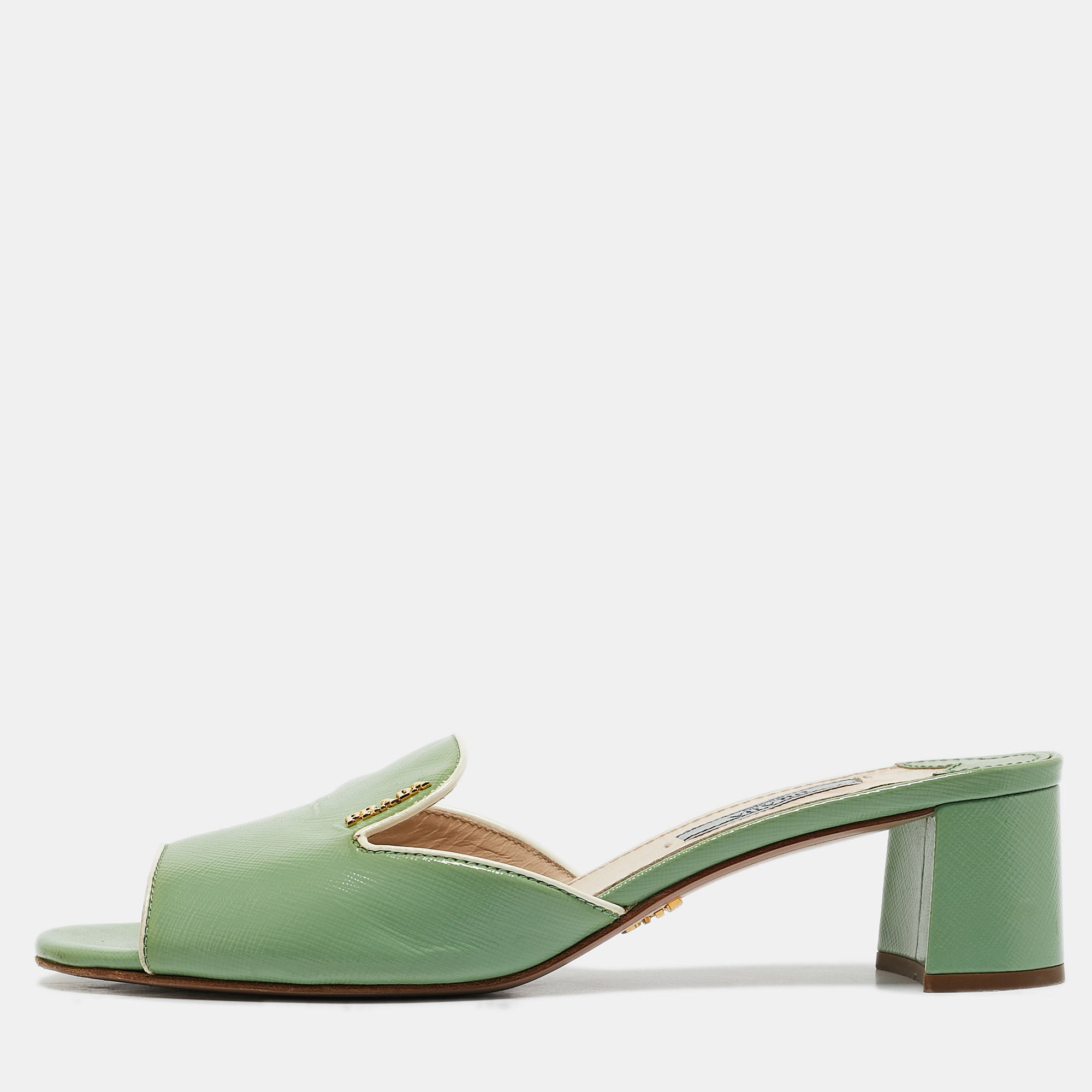 

Prada Green Patent Saffiano Leather Block Heel Slide Sandals Size