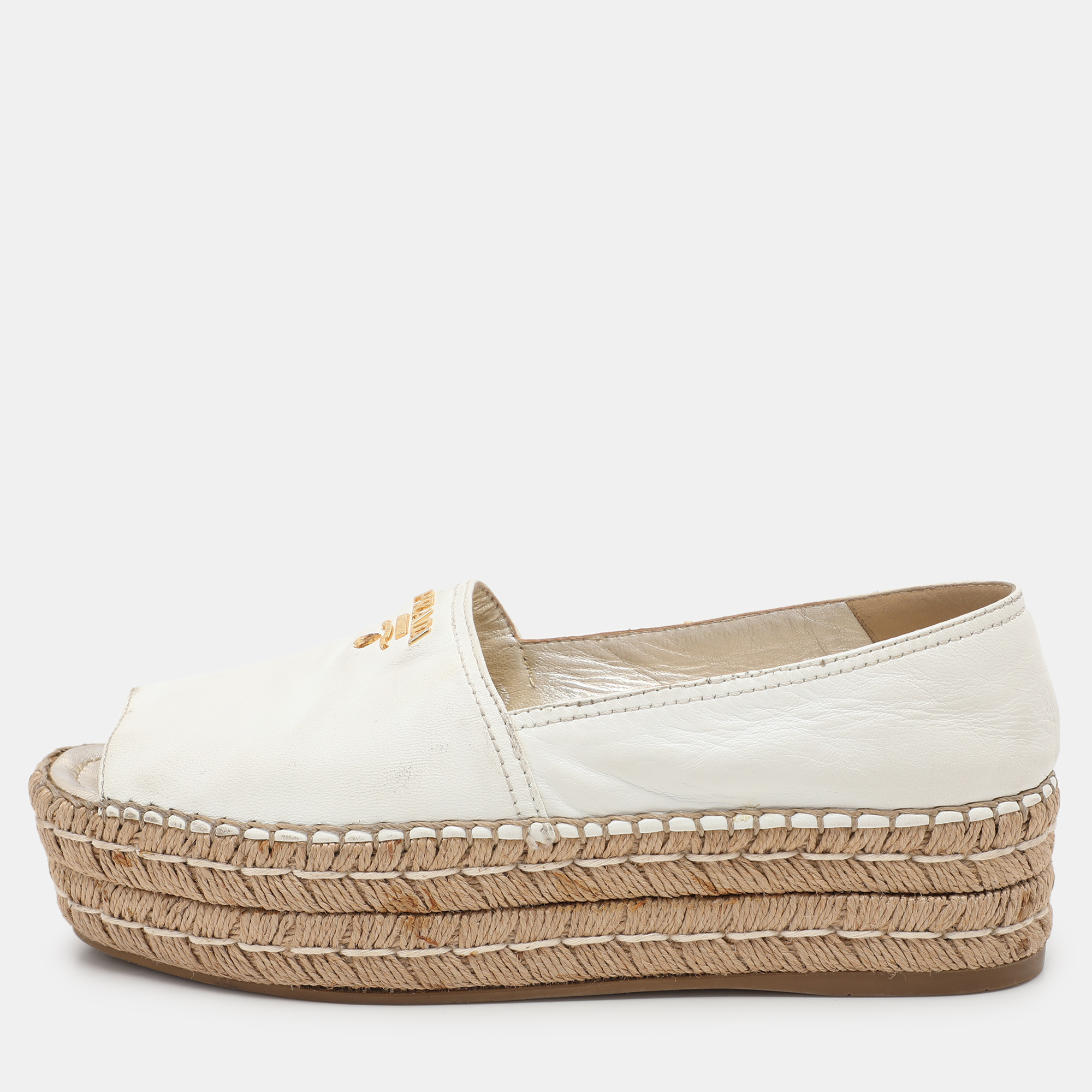 

Prada White Leather Open Toe Platform Espadrille Flats Size 40