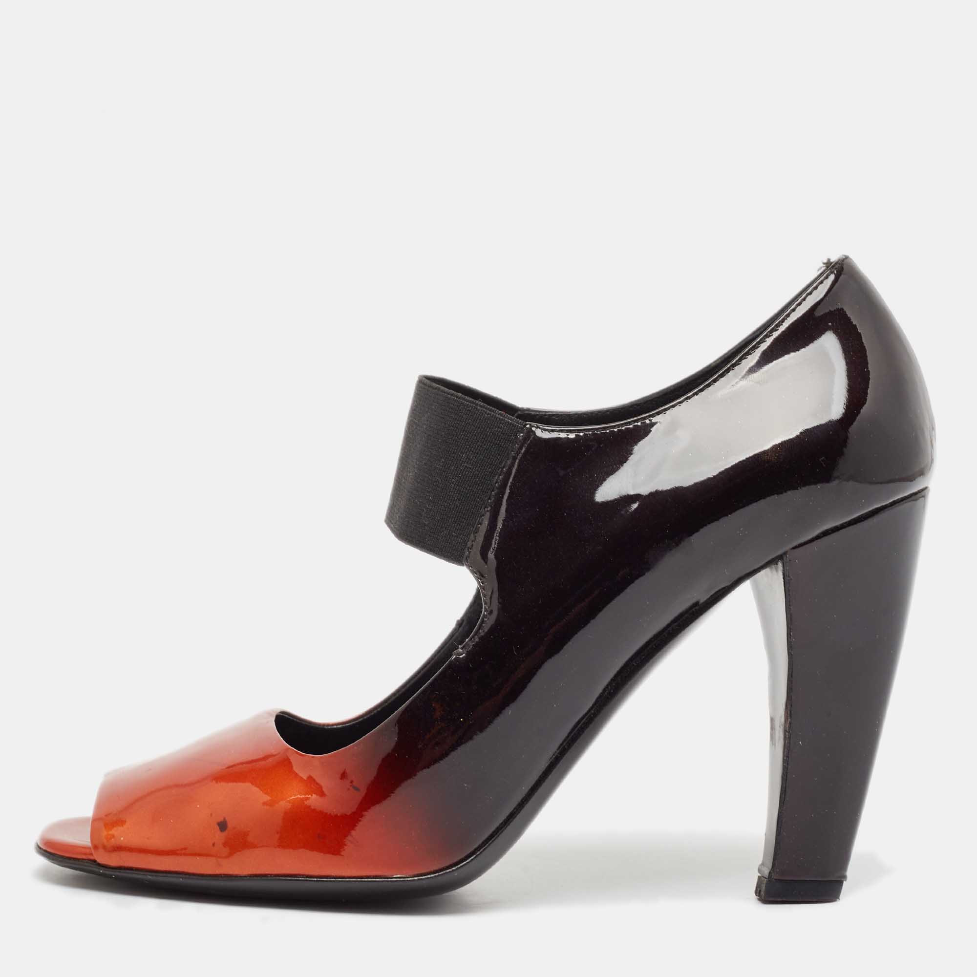 

Prada Black/Orange Patent Leather Peep Toe Pumps Size