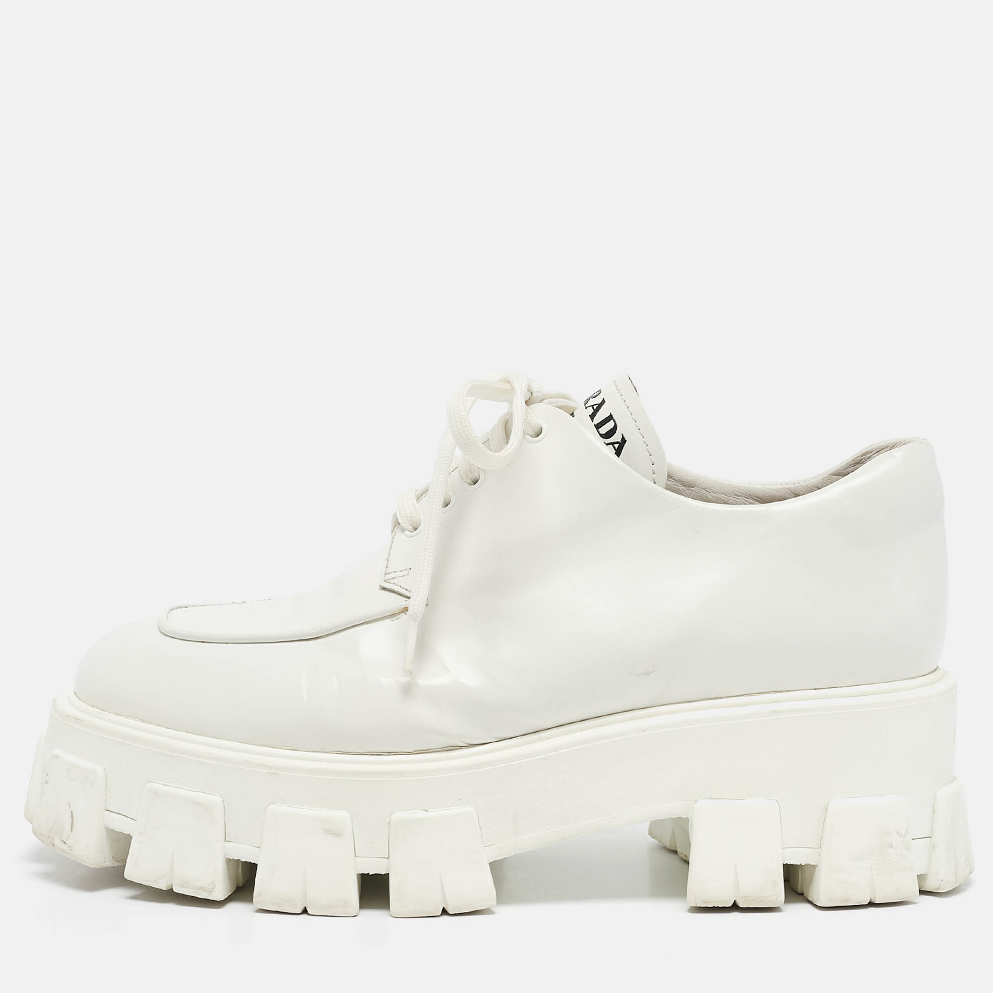 

Prada White Leather Platform Monolith Lace Up Derby Size