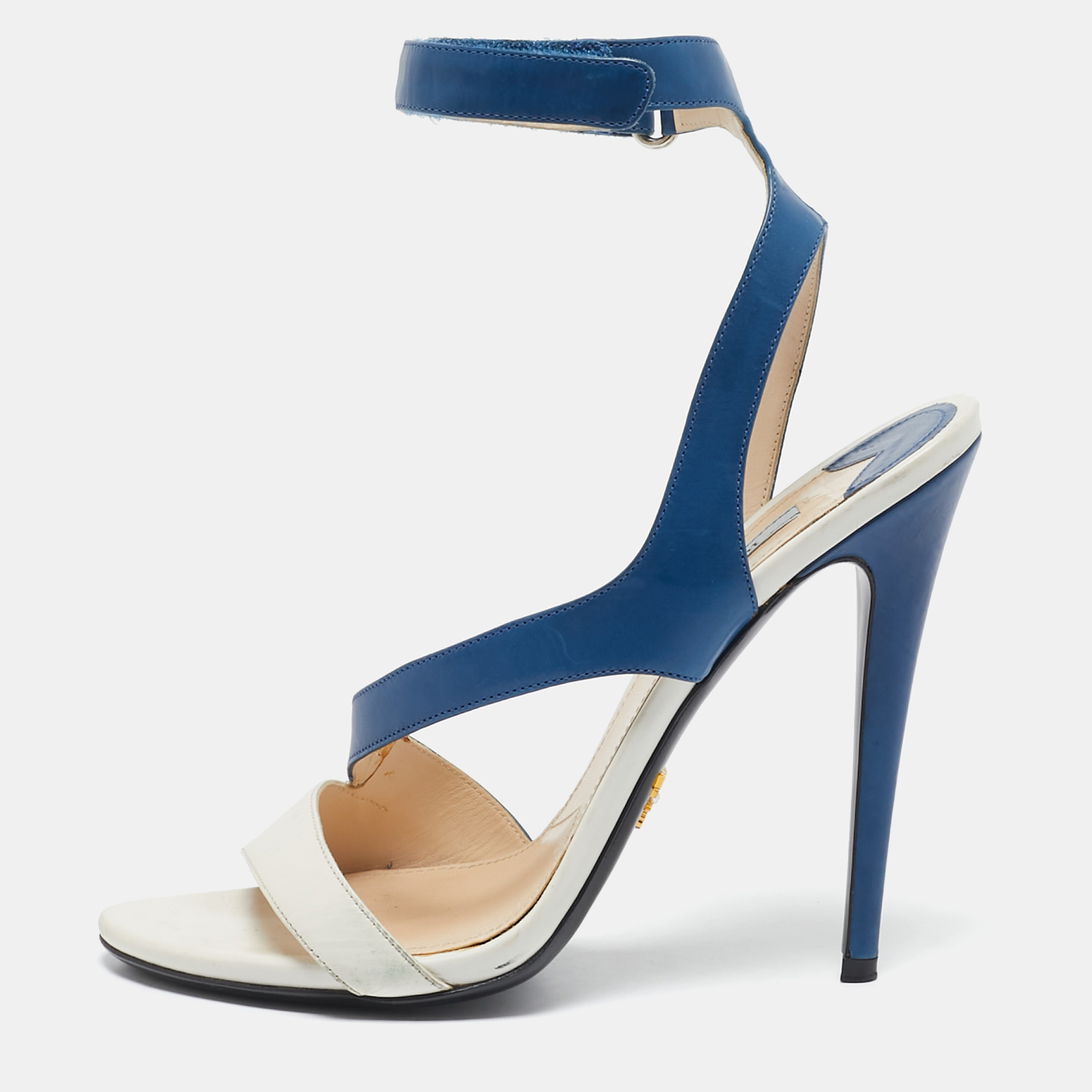 

Prada Blue/White Leather Ankle Strap Sandals Size