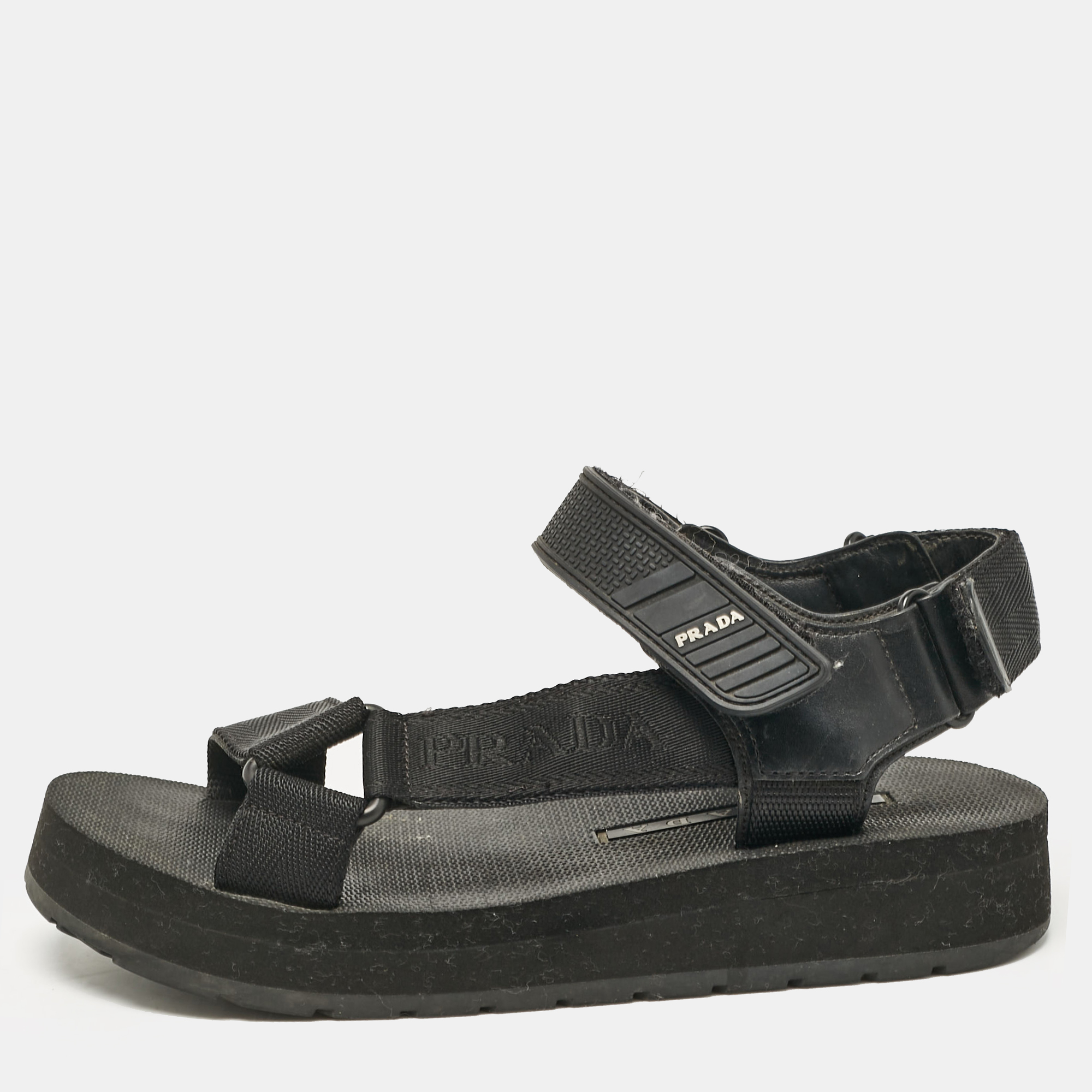 

Prada Black Leather and Canvas Ankle Strap Flat Sandals Size