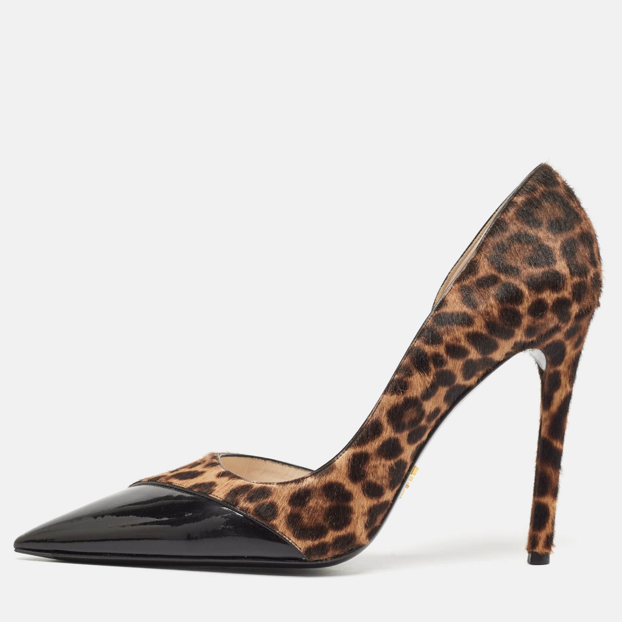 

Prada Brown Leopard Print Calfhair and Patent Leather D'orsay Pumps Size