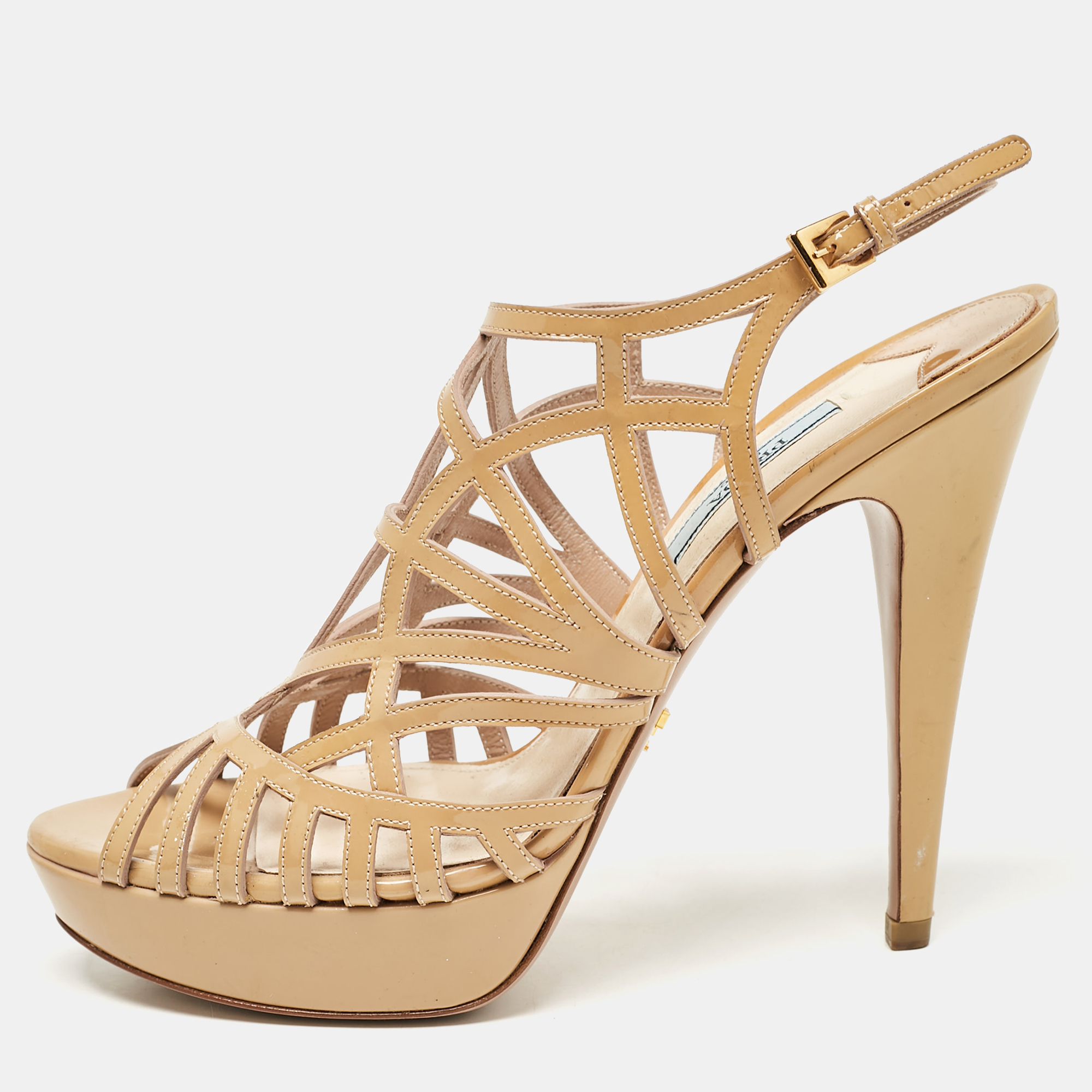 

Prada Beige Patent Leather Caged Platform Sandals Size