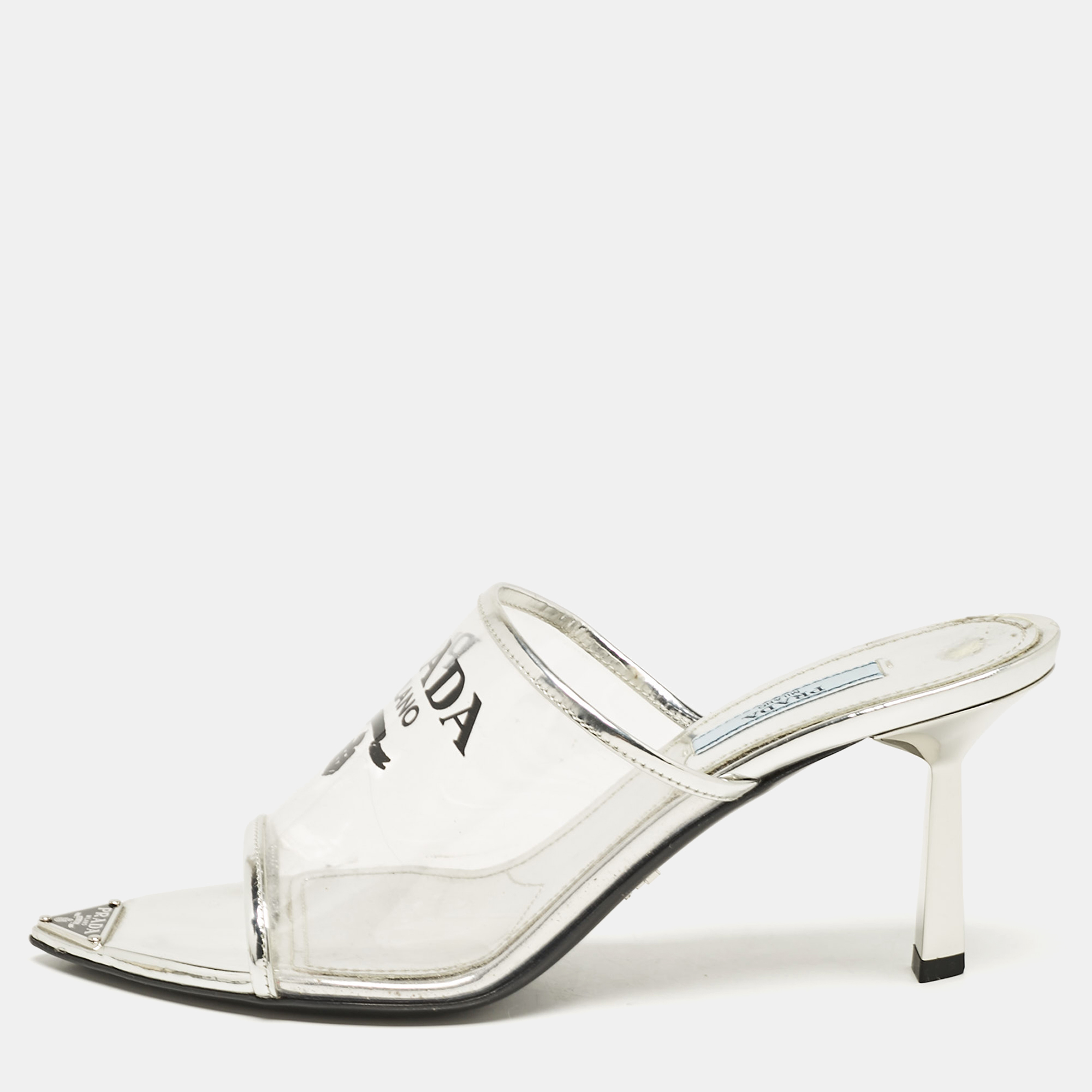 

Prada Silver Leather and Logo Print PVC Plexiglas Slide Sandals Size