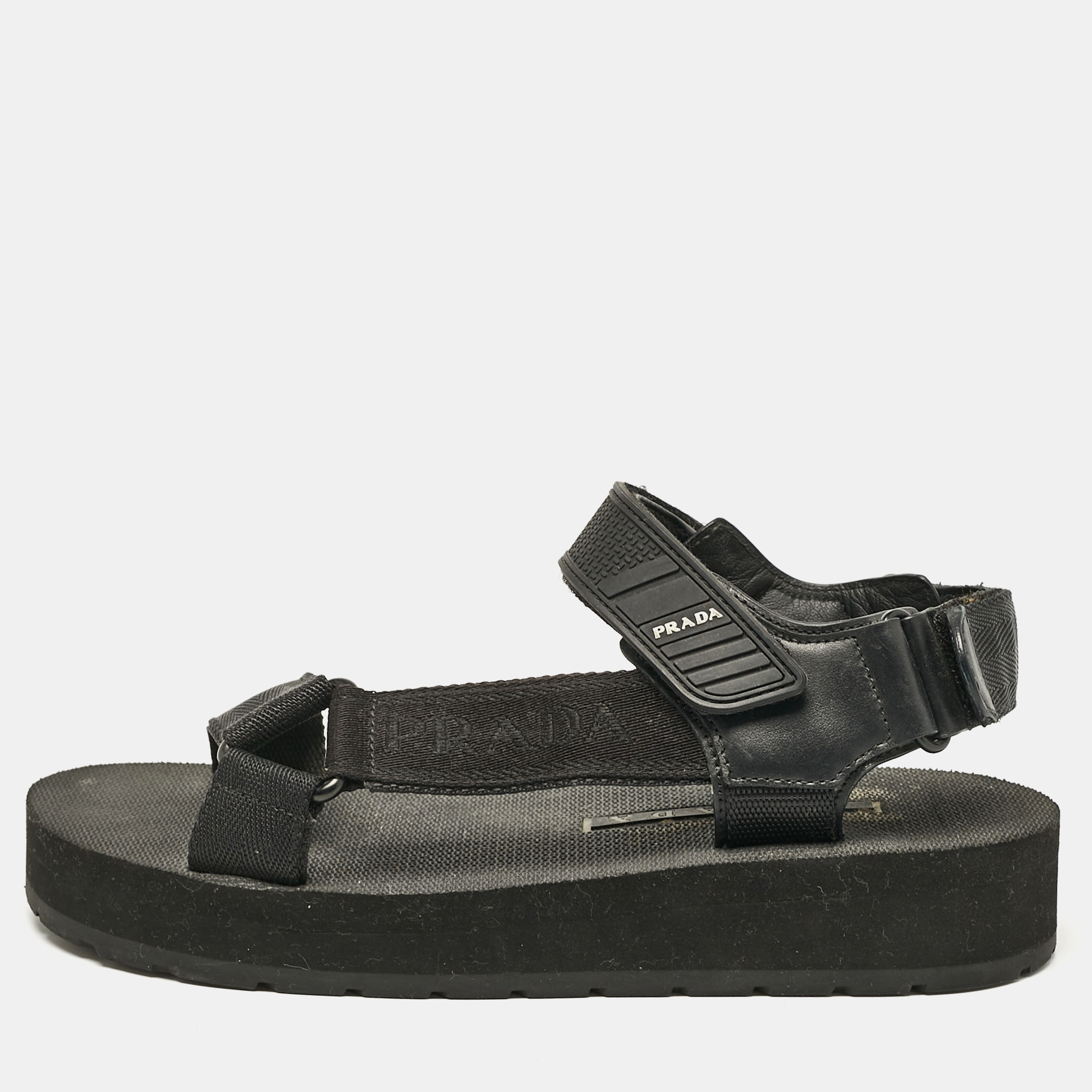 

Prada Black Leather and Canvas Tape Strap Flat Sandals Size