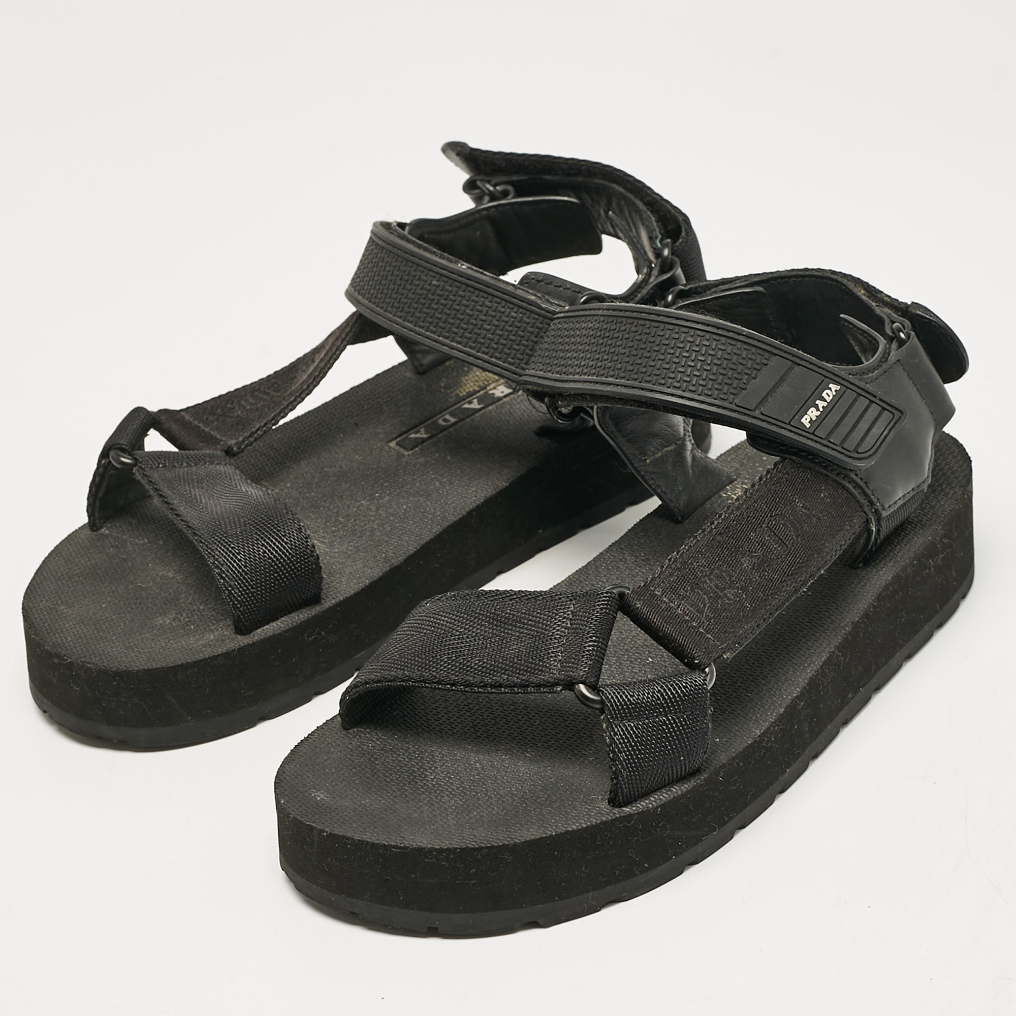 Prada Black Leather and Canvas Tape Strap Flat Sandals Size 38 