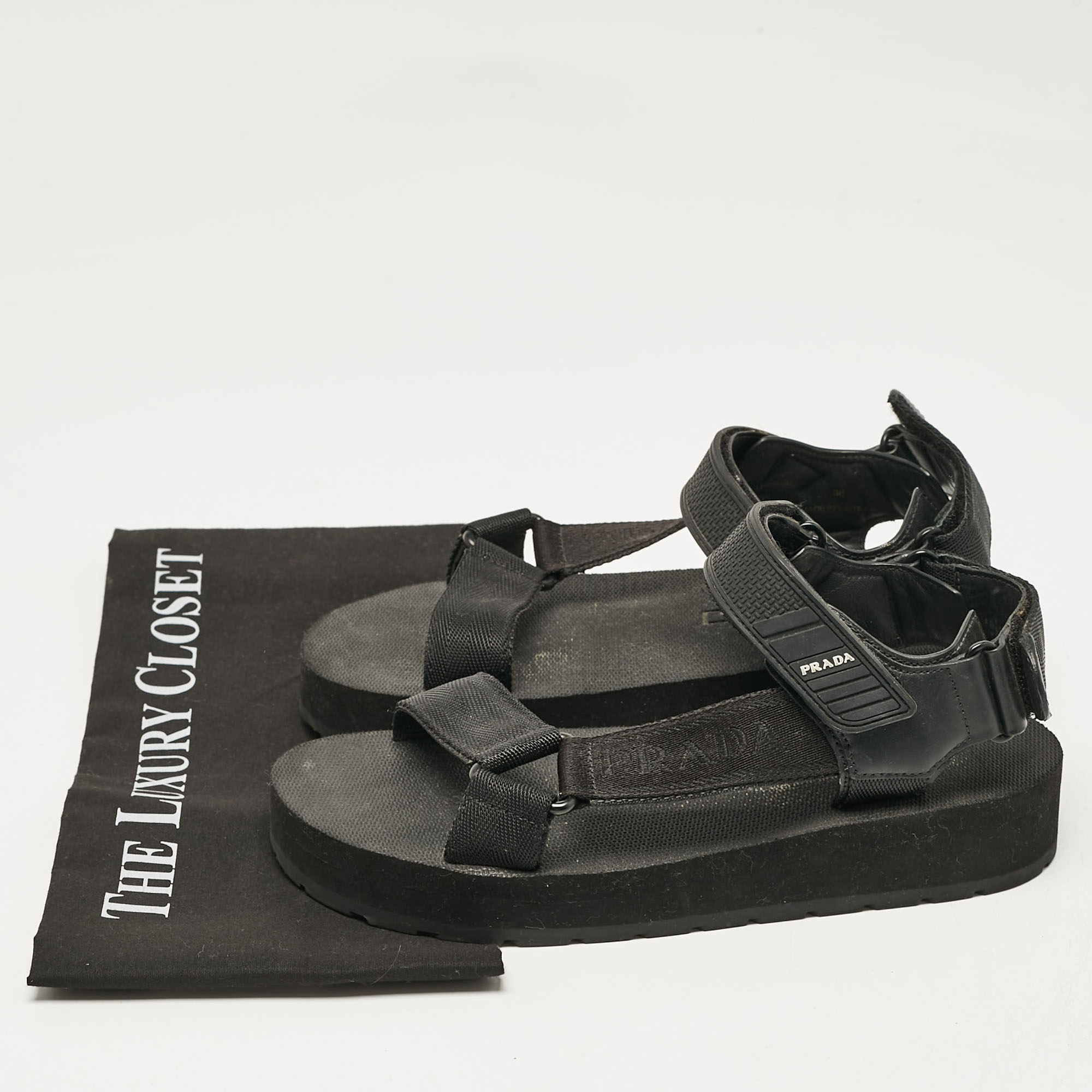 Prada Black Leather and Canvas Tape Strap Flat Sandals Size 38 