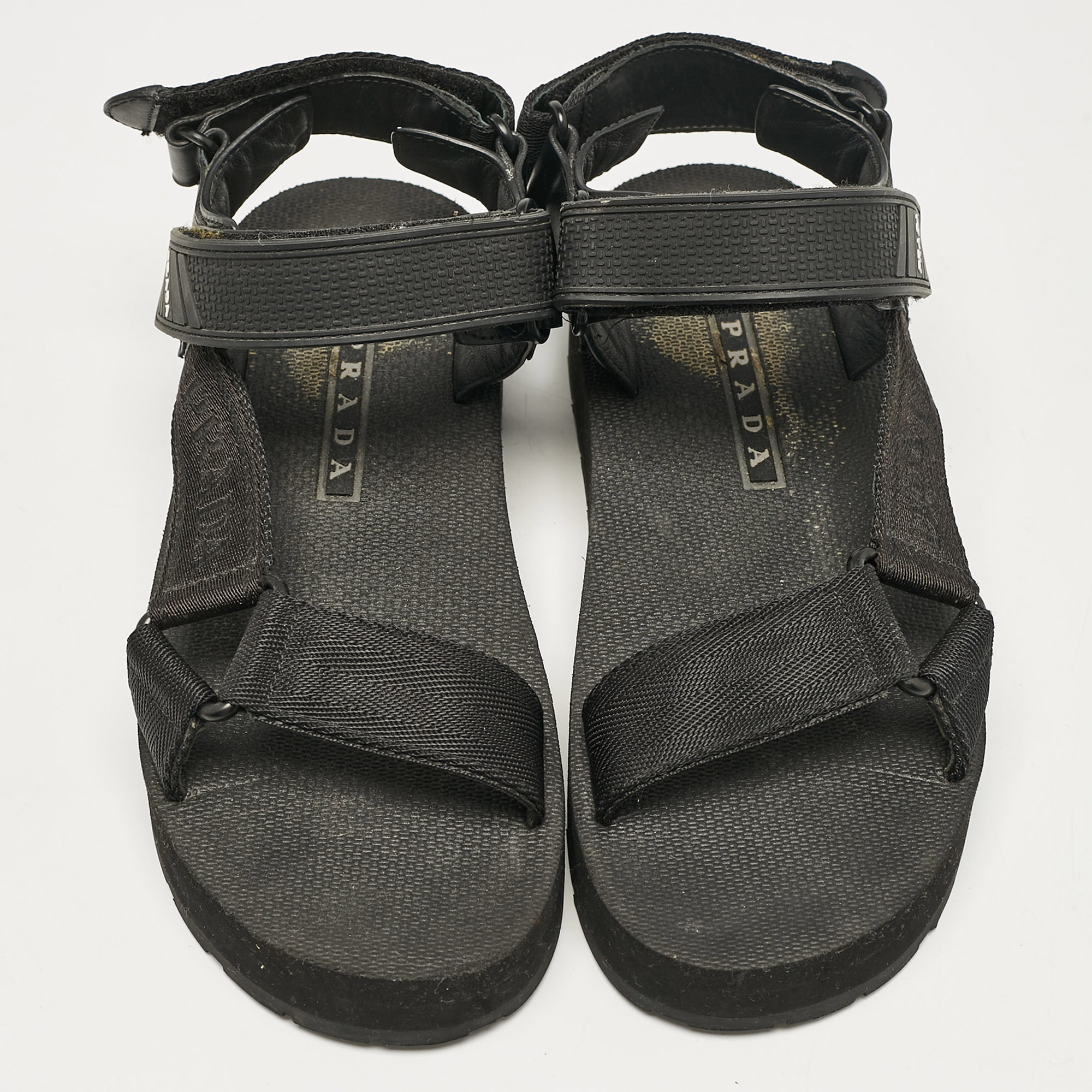 Prada Black Leather and Canvas Tape Strap Flat Sandals Size 38 