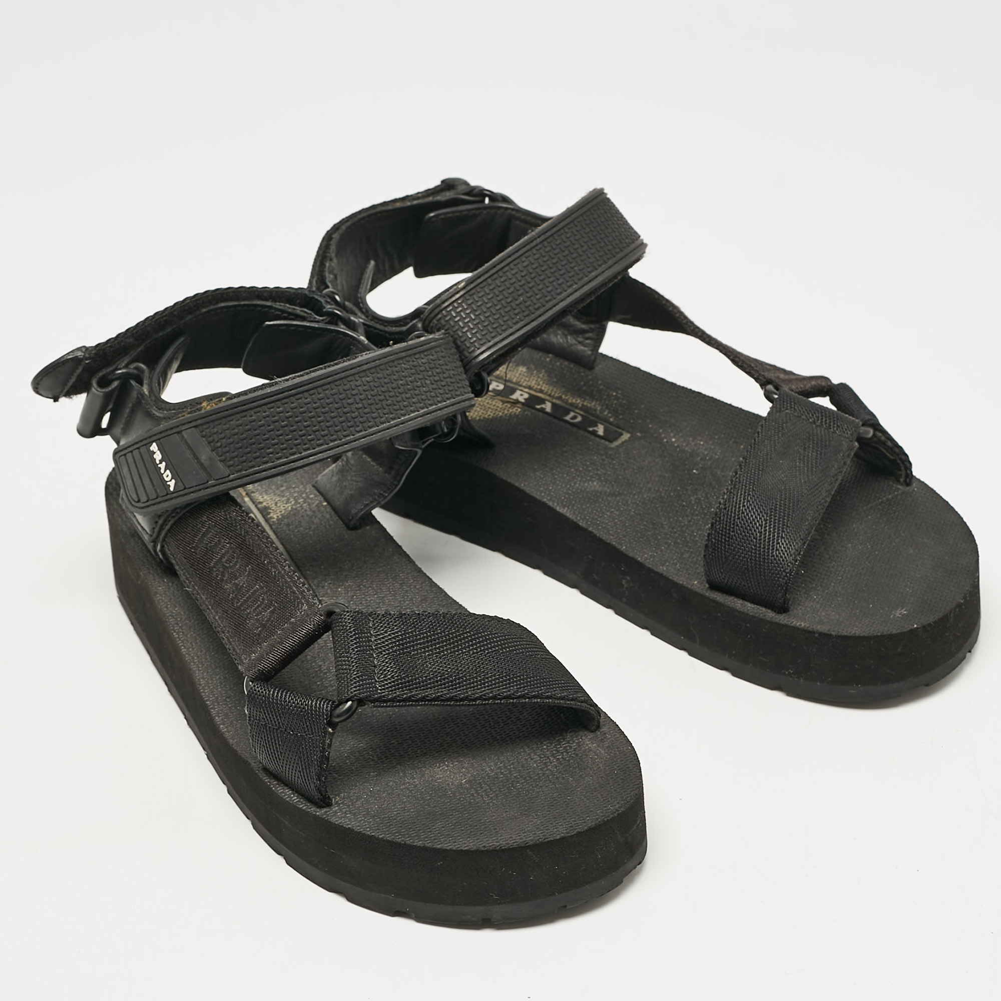 Prada Black Leather and Canvas Tape Strap Flat Sandals Size 38 