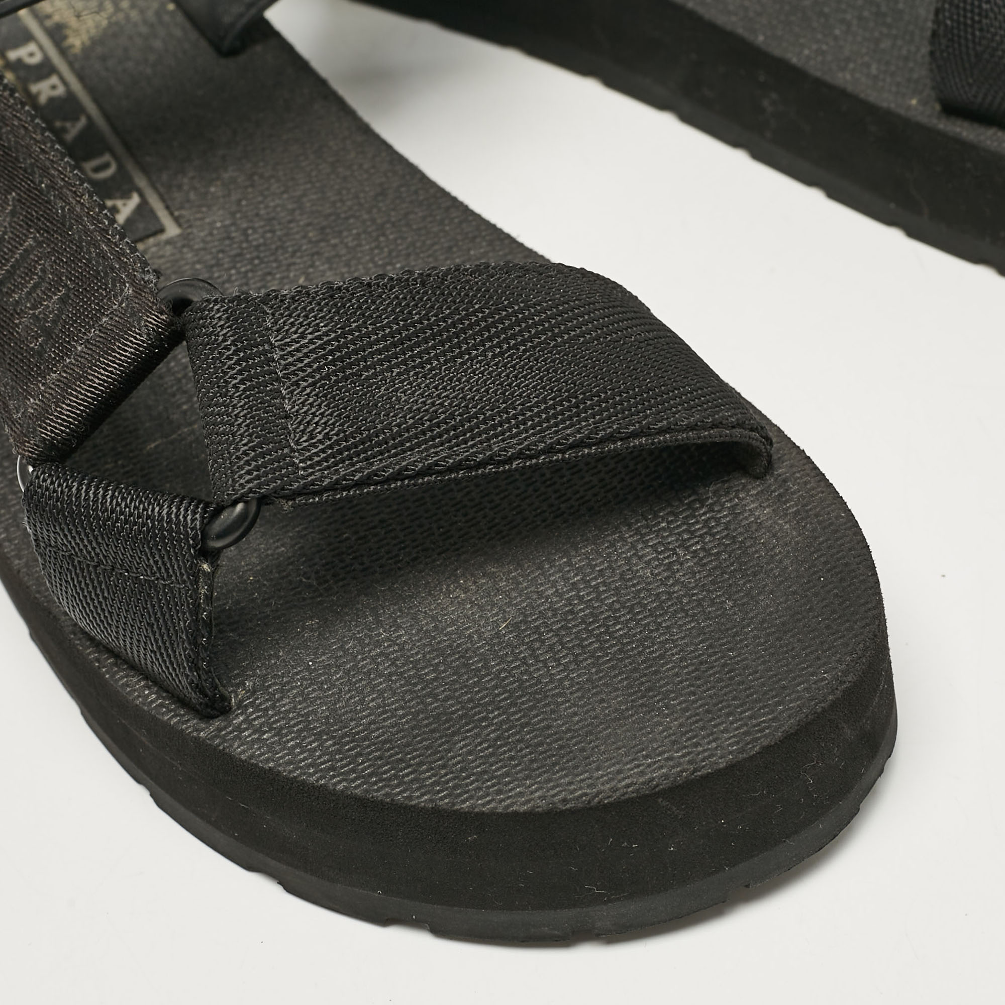 Prada Black Leather and Canvas Tape Strap Flat Sandals Size 38 